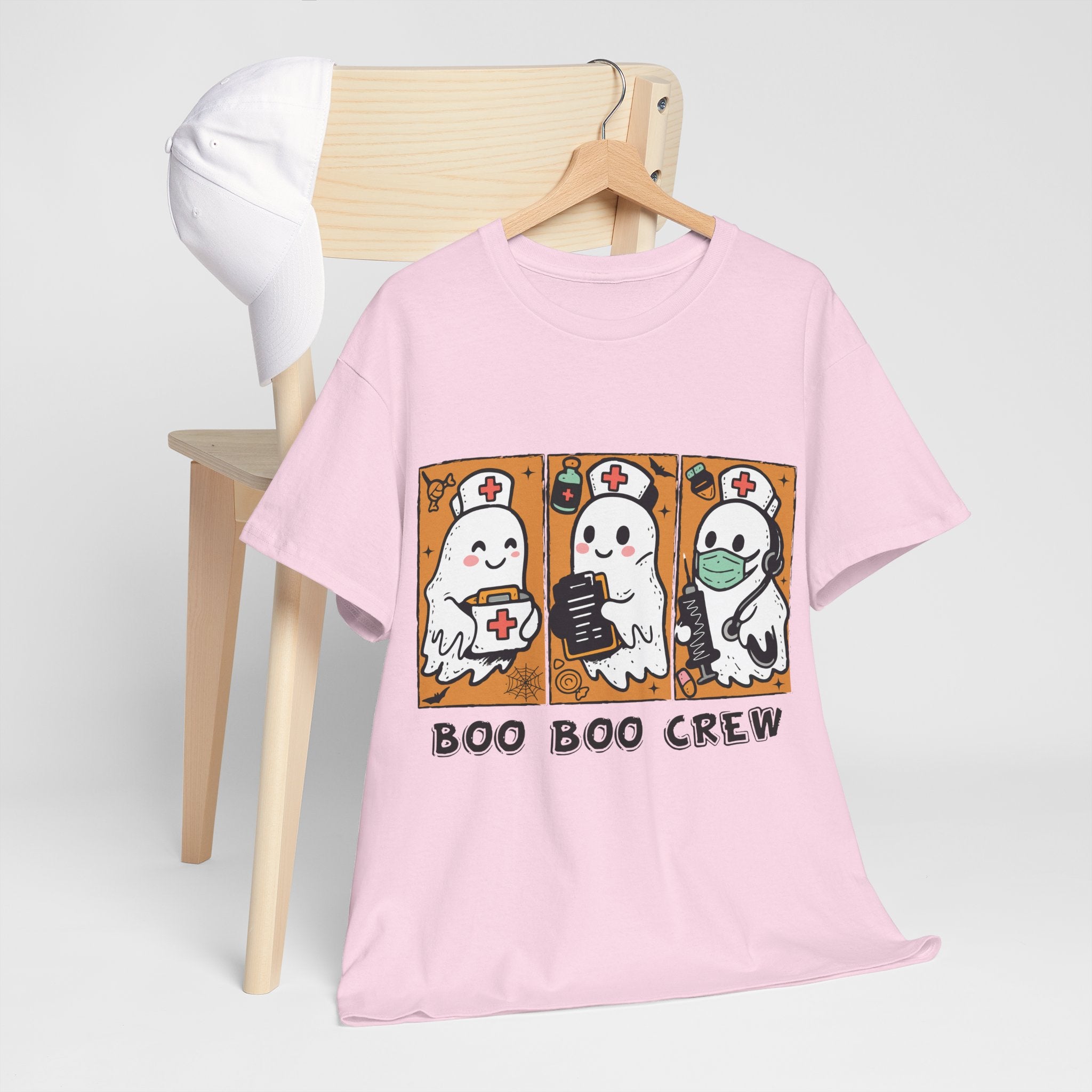 Halloween Nurse T-Shirt — Ghost Nurses Holding Medical Tools on Orange Unisec Cotton Tee