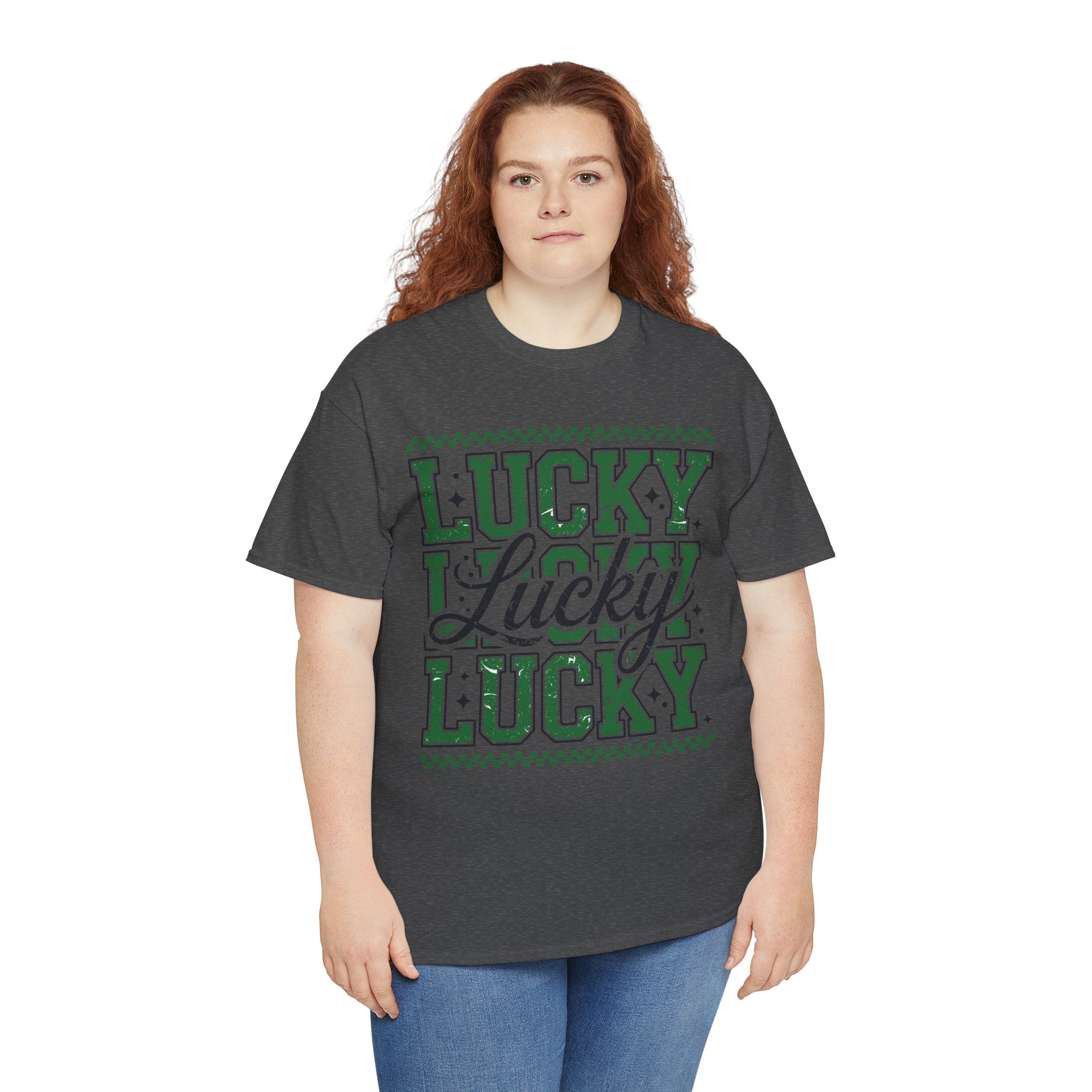 Lucky Varsity Tee — Layered Green ‘Lucky’ Graphic Unisex Cotton Tee