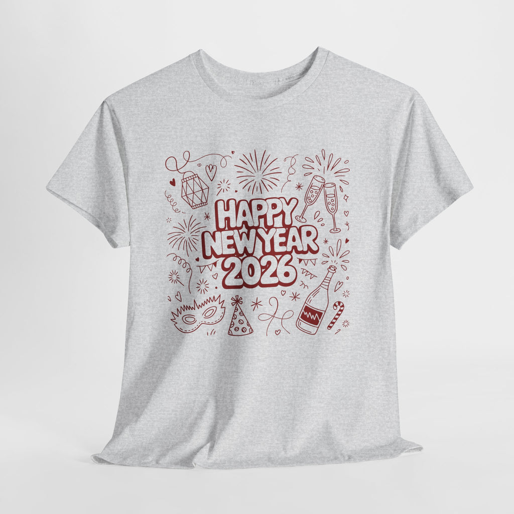 Happy New Year 2026 Doodle T-Shirt — Pink Party Icons & Champagne Unisex Cotton Tee