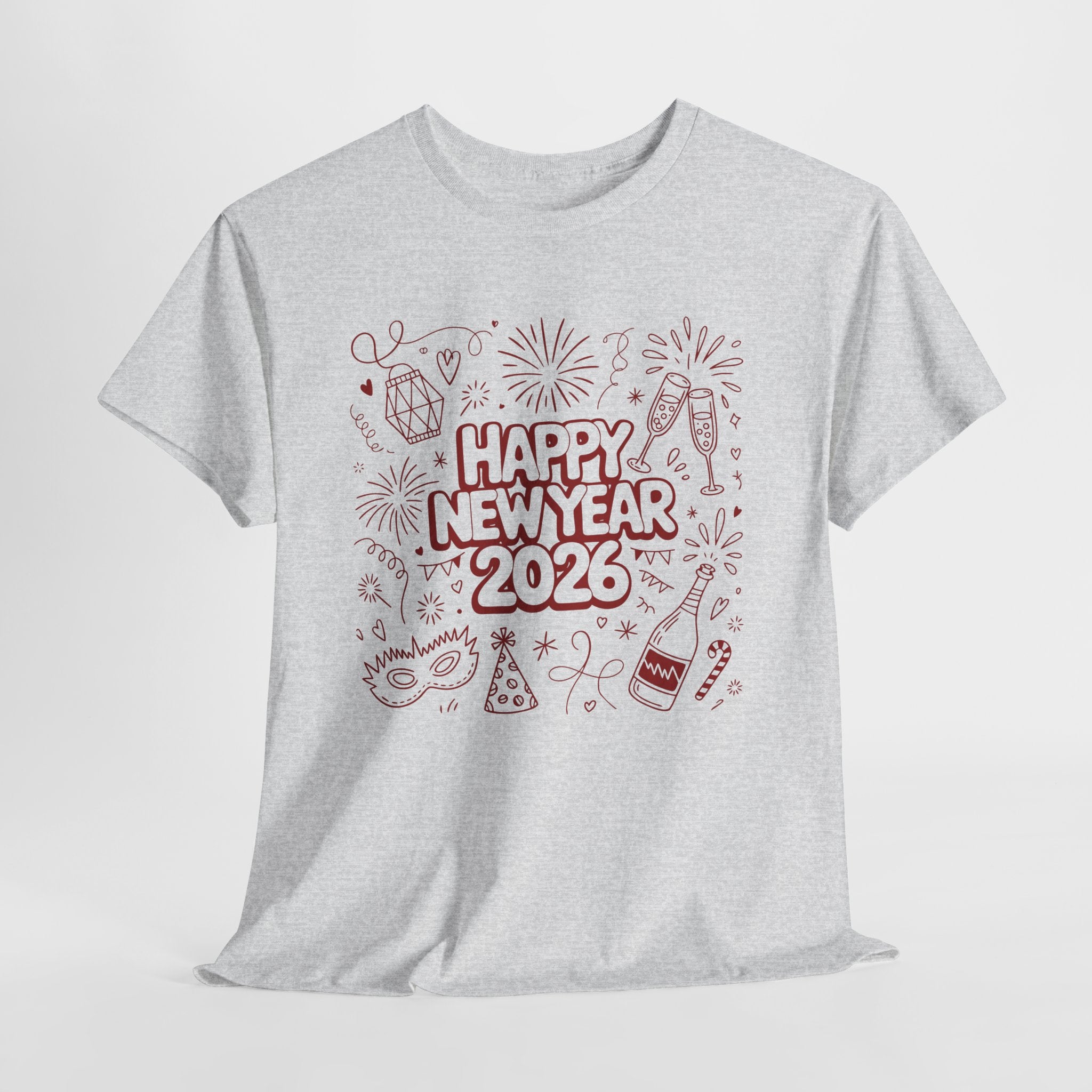 Happy New Year 2026 Doodle T-Shirt — Pink Party Icons & Champagne Unisex Cotton Tee