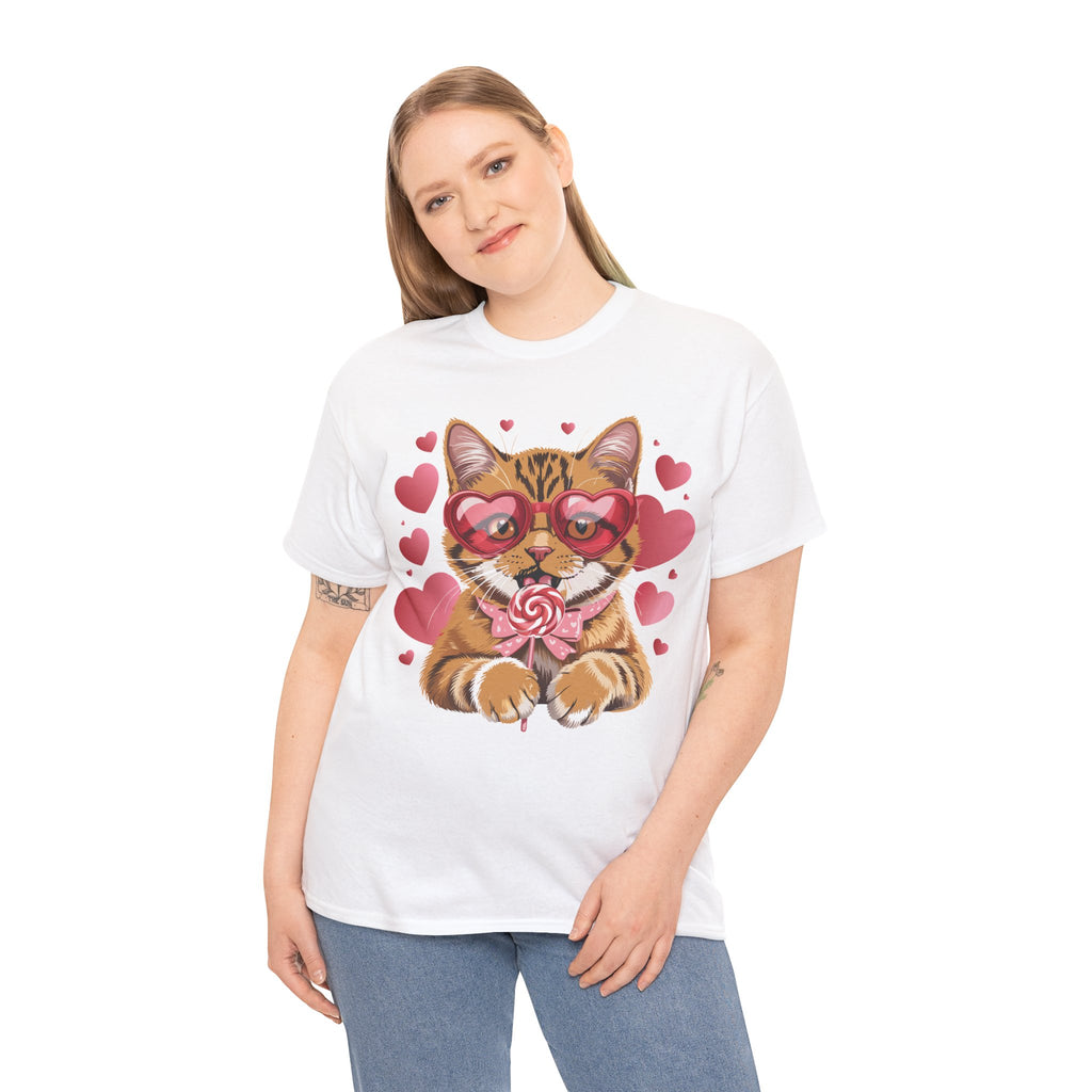 Valentine Cat Tee — Heart Glasses, Lollipop Bow Unisex Cotton Tee