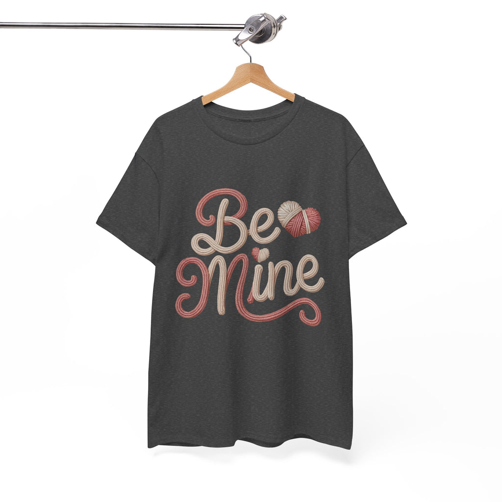 Be Mine Yarn Heart T-Shirt — Valentine’s Faux-Yarn Pink & Cream Unisex Cotton Tee