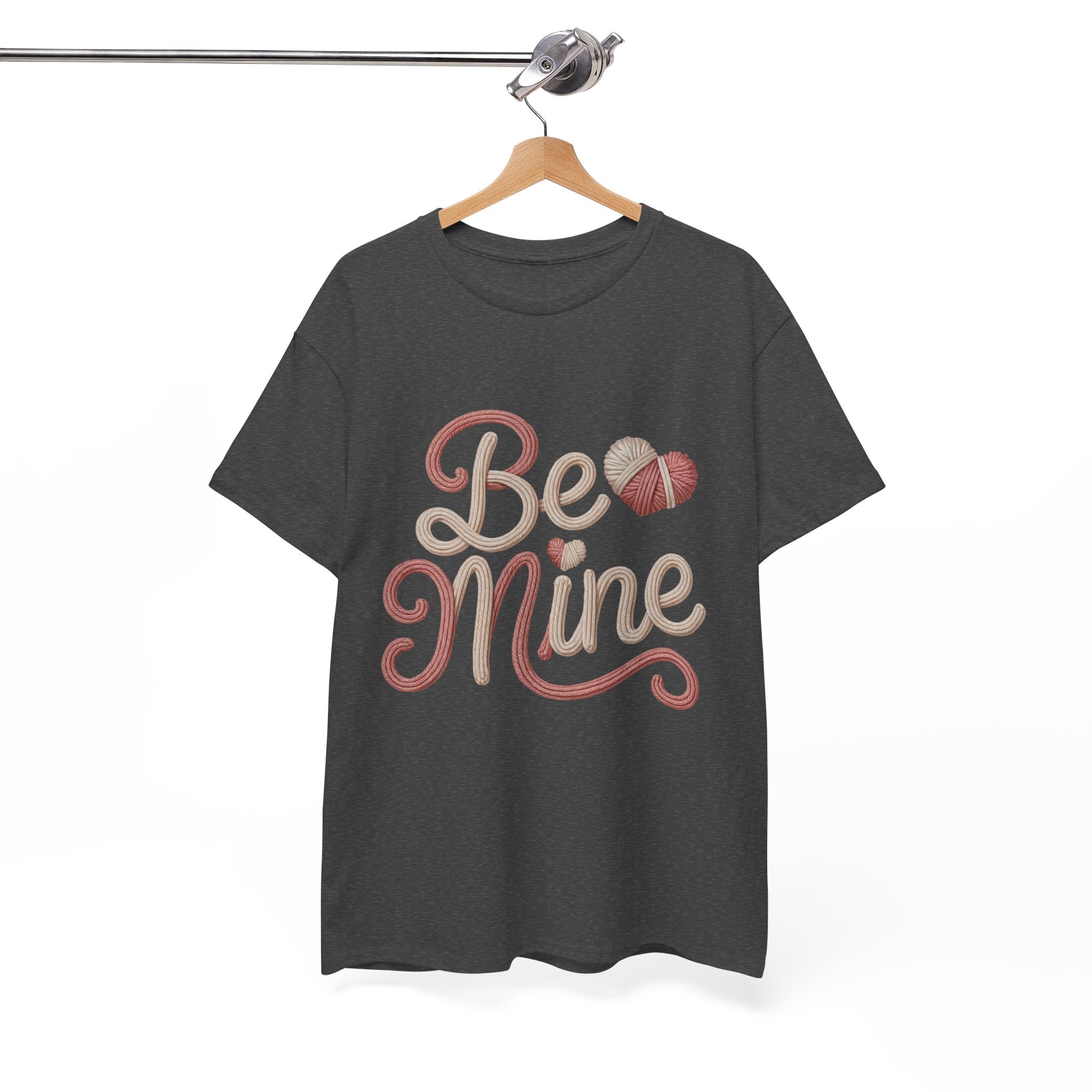 Be Mine Yarn Heart T-Shirt — Valentine’s Faux-Yarn Pink & Cream Unisex Cotton Tee