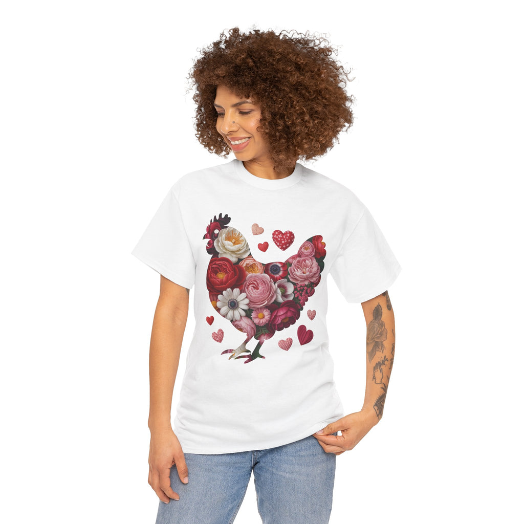 Floral Chicken Heart Tee — Red & Pink Flower Silhouette Unisex Cotton Tee