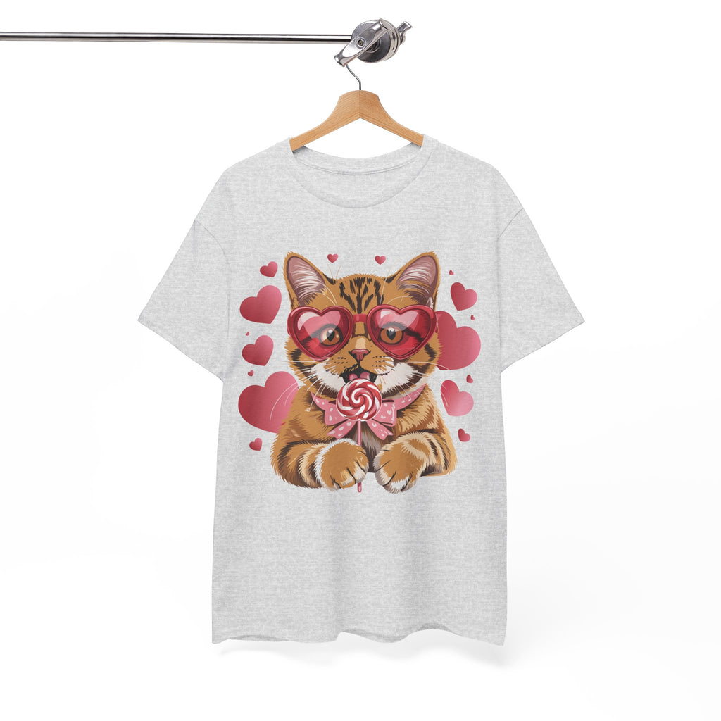 Valentine Cat Tee — Heart Glasses, Lollipop Bow Unisex Cotton Tee