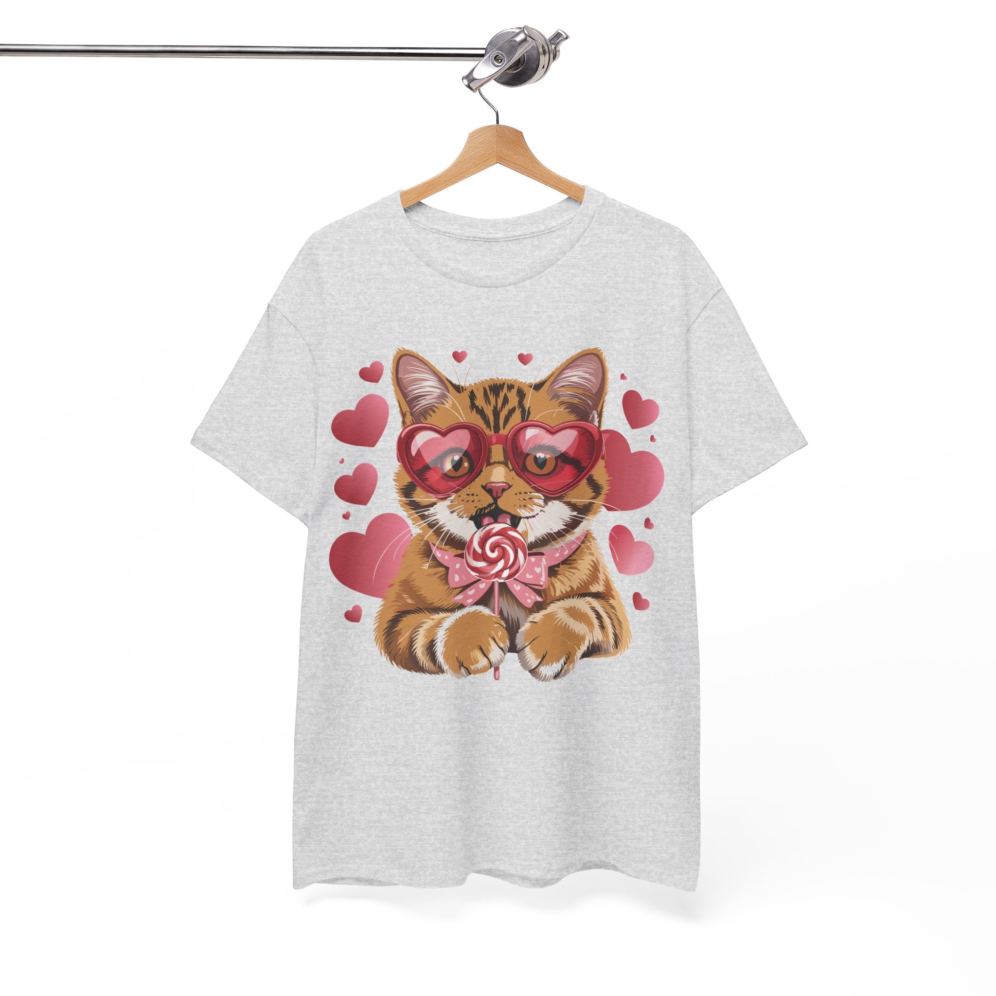 Valentine Cat Tee — Heart Glasses, Lollipop Bow Unisex Cotton Tee