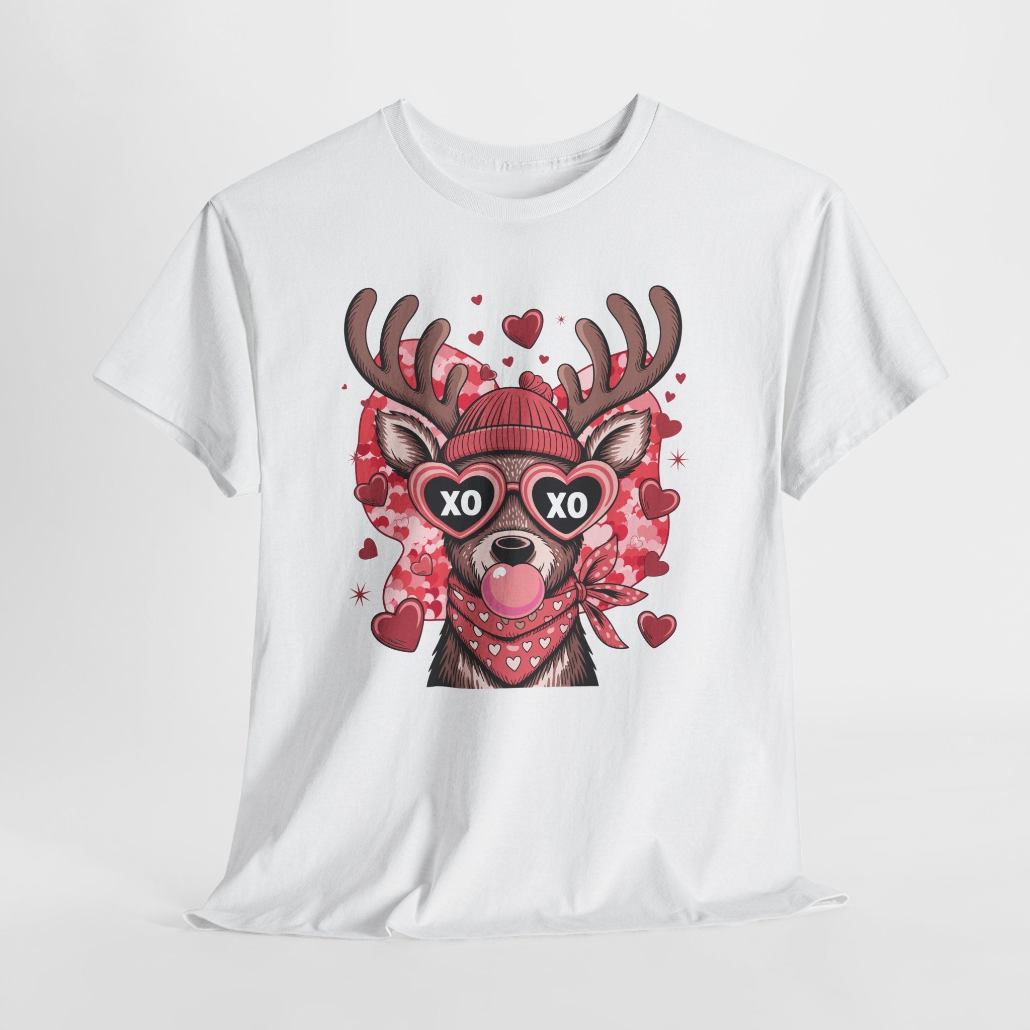Valentine Deer Tee — Cute XO Heart Glasses, Beanie & Scarf Unisex Cotton Tshirt