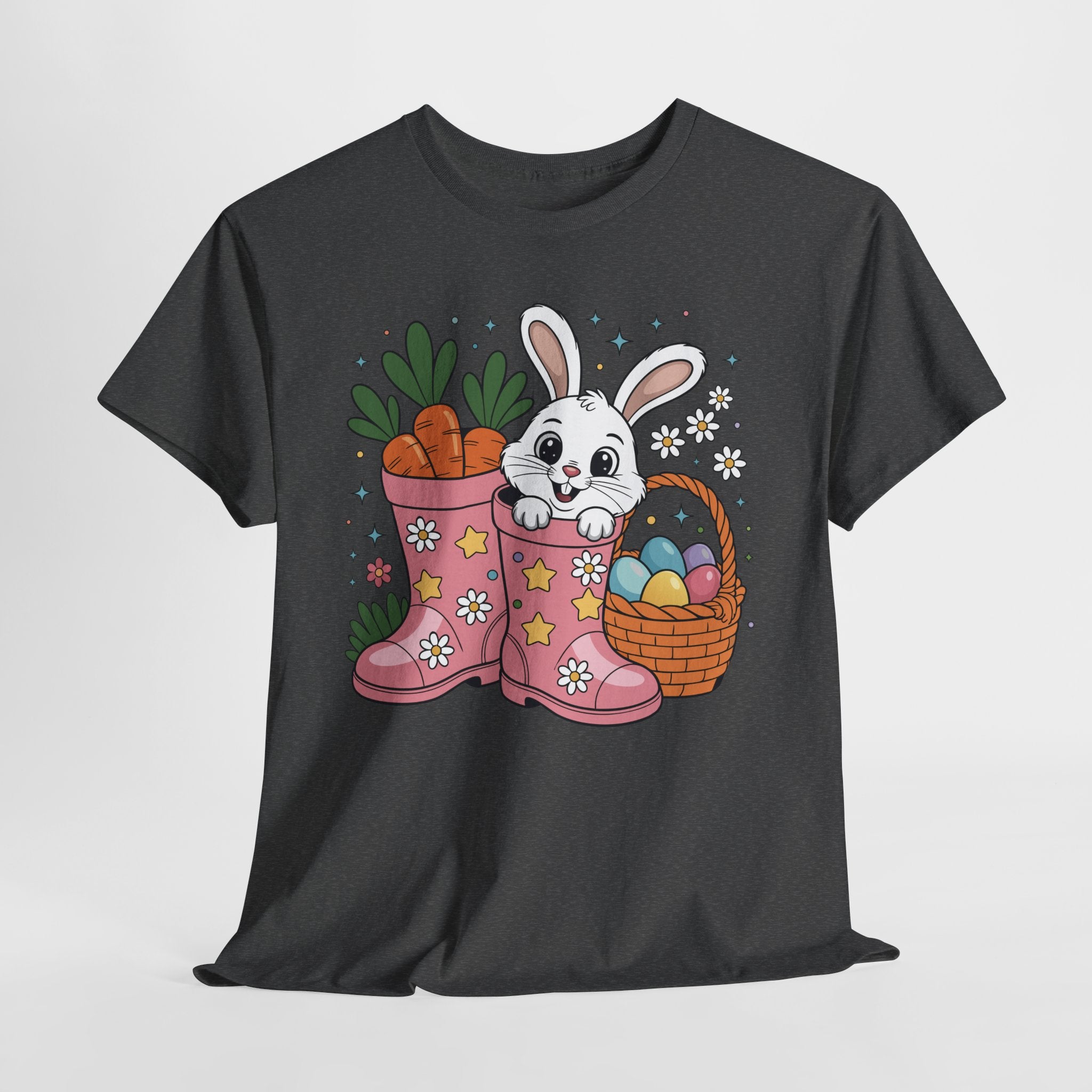 Easter Bunny in Pink Rain Boots T-Shirt — Cartoon Bunny, Carrots & Colorful Eggs Unisex Cotton Tee
