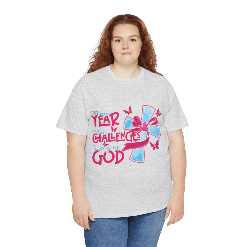 Christian T-Shirt — “New Year, New Challenges, Same Great God” with Pink Bow Cross & Butterflies. Unisex Cotton Tee