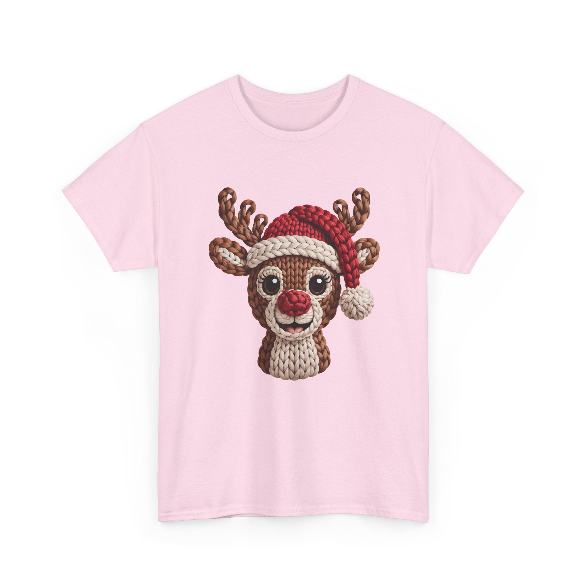 Reindeer in Santa Hat Cotton Tee — Joyful Faux-Yarn Holiday Unisex Coton T-Shirt