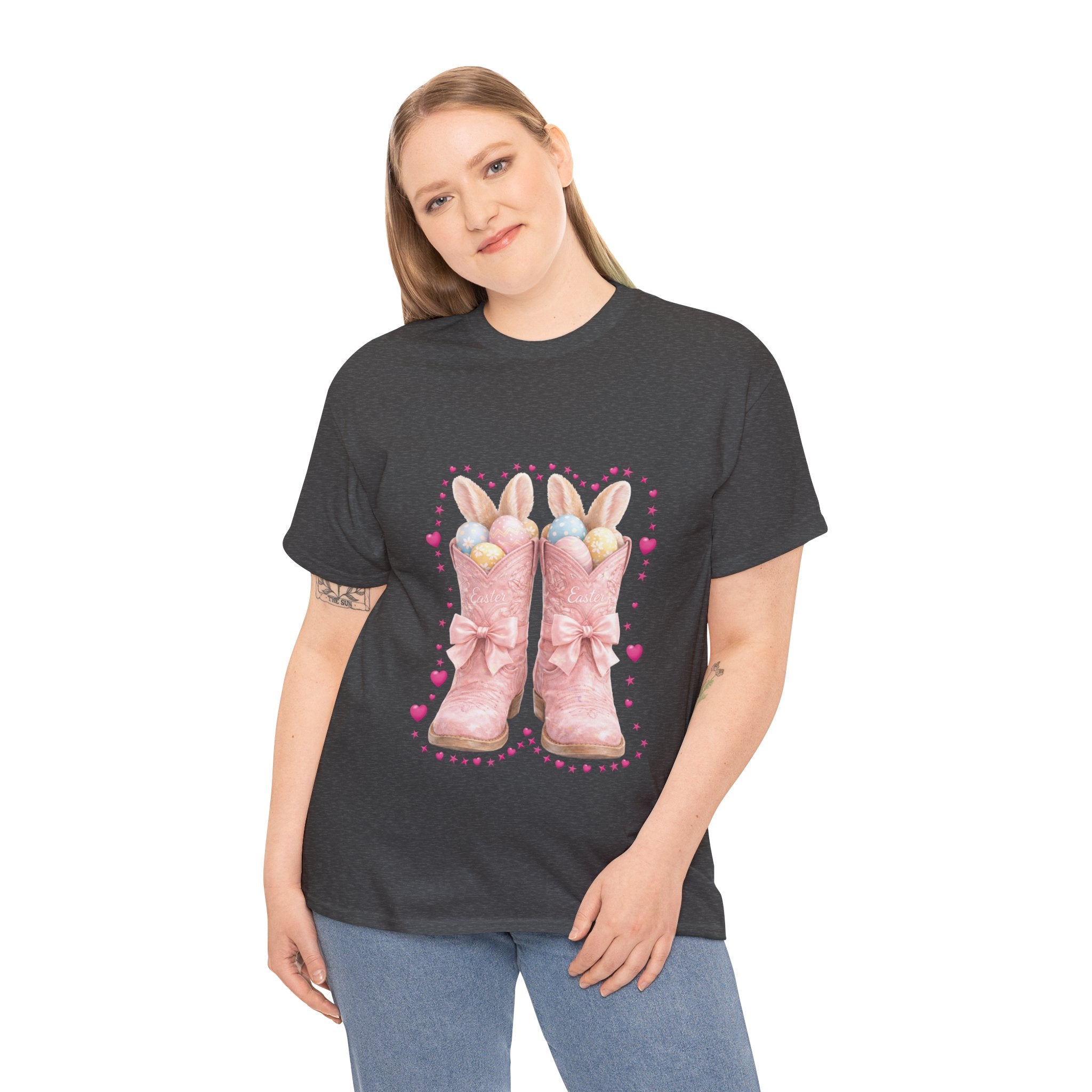Easter Pink Western Boots Tee — Pastel Bunny Eggs & Bows Unisex Cotton Tee