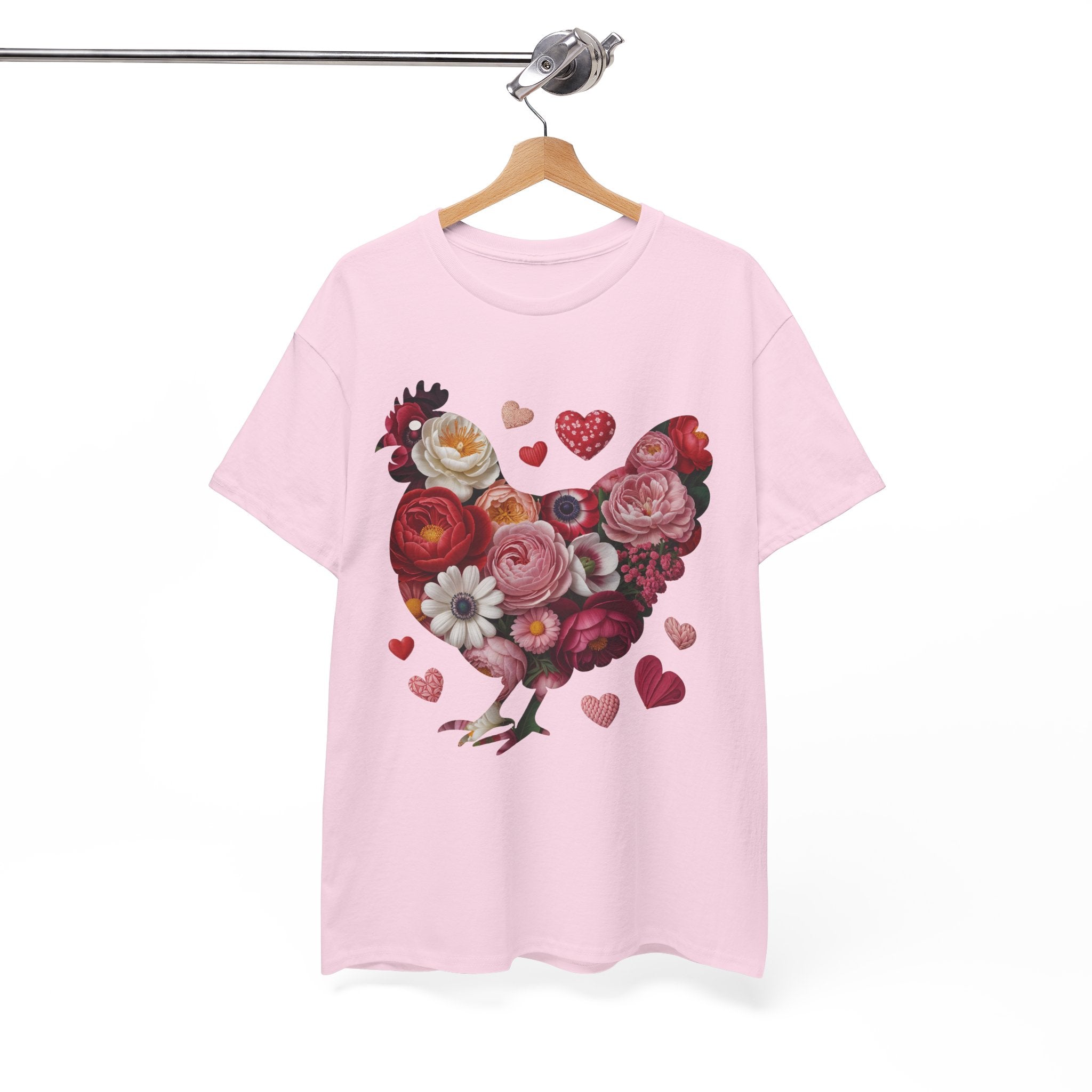 Floral Chicken Heart Tee — Red & Pink Flower Silhouette Unisex Cotton Tee