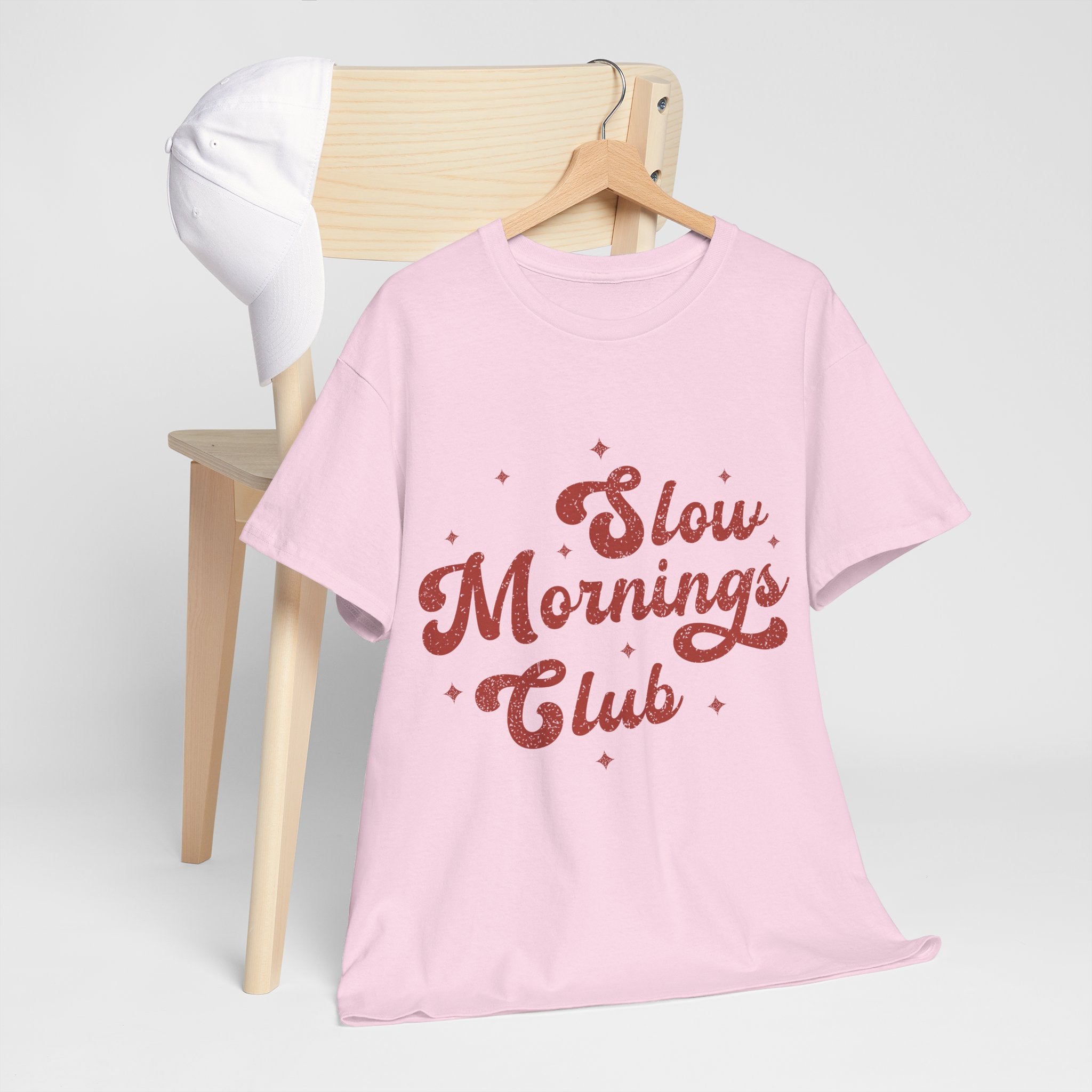 Slow Mornings Club T-Shirt — Retro Red Sparkle Unisex Cotton Tee