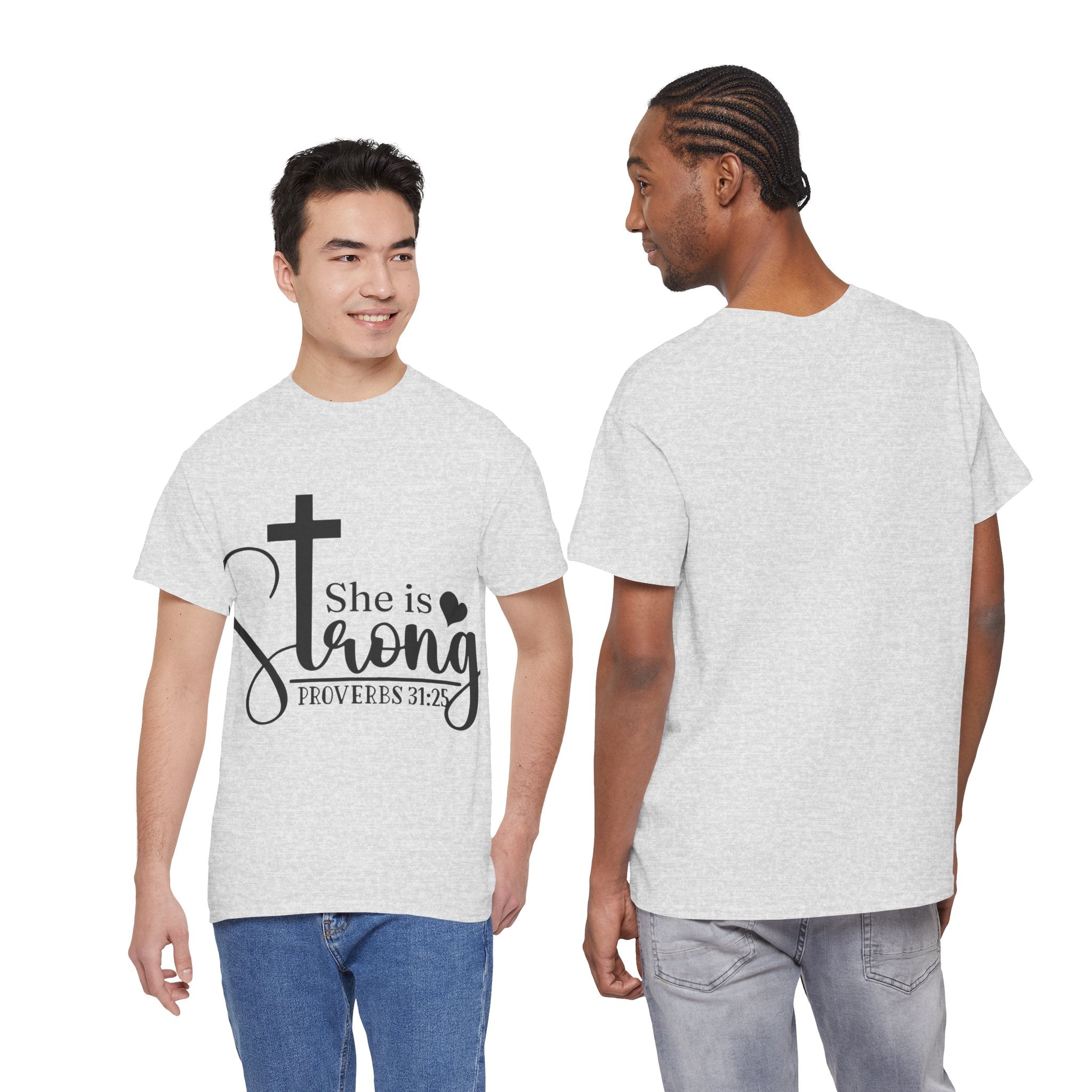 Proverbs 31:25 'She is Strong' T-Shirt – Christian Cross & Heart Unisex Cotton Tee