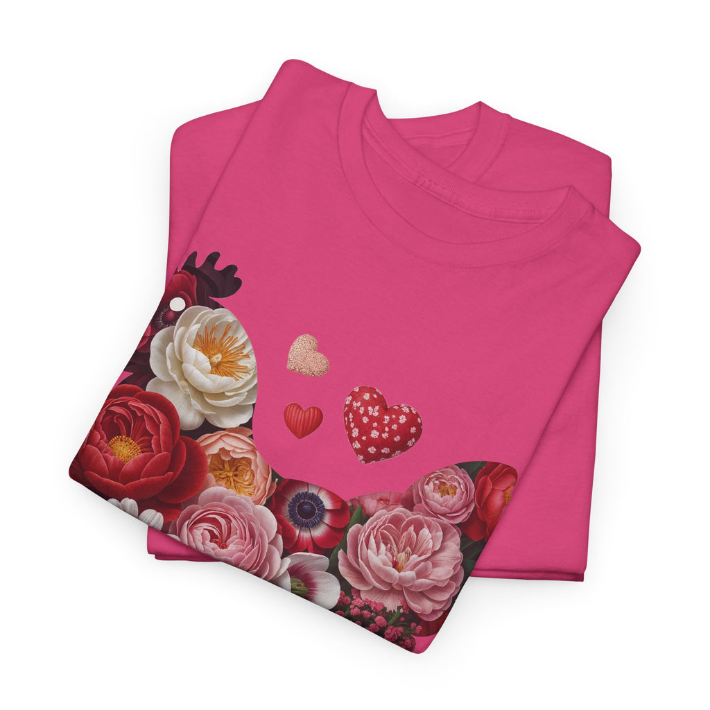 Floral Chicken Heart Tee — Red & Pink Flower Silhouette Unisex Cotton Tee