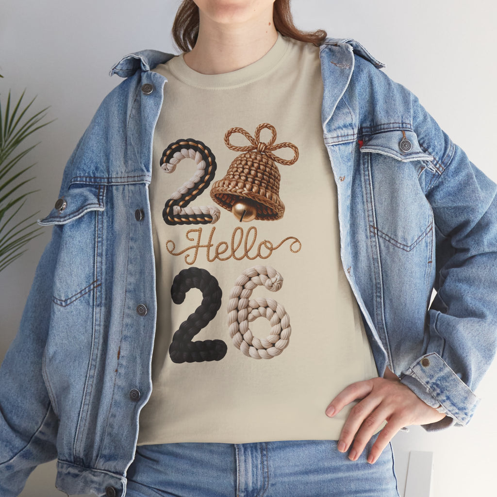 Hello 2026 Tee — Cozy Faux Yarn Braided Numbers with Woven Golden Bell..Unisex Cotton Tee