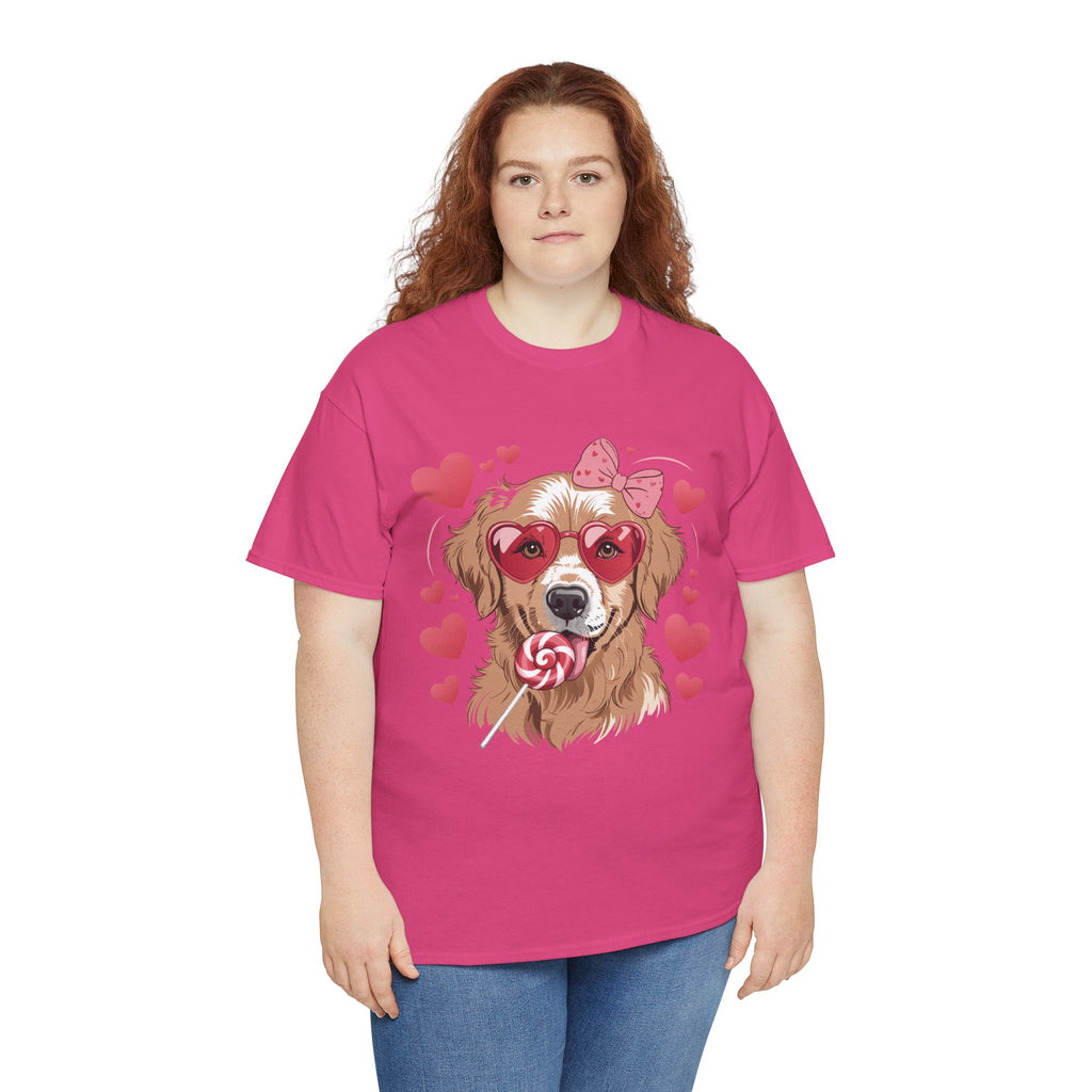 Valentine Dog T-Shirt — Cute Pup with Heart Glasses, Pink Bow & Lollipop..Unisex Cotton Tee