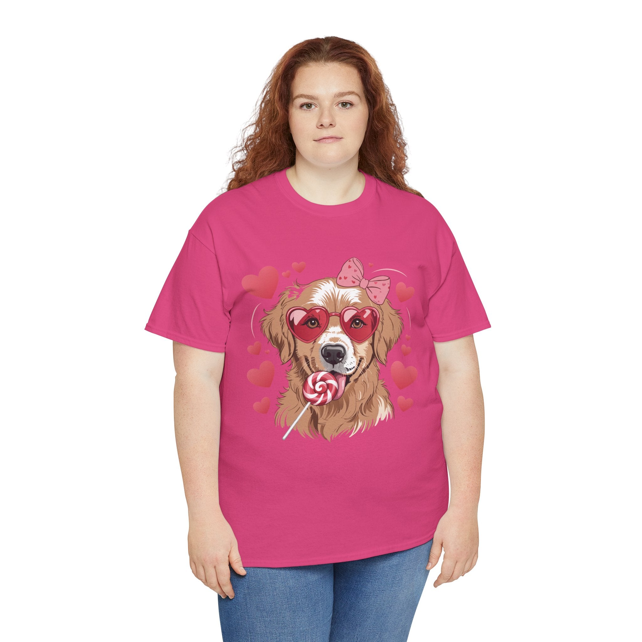 Valentine Dog T-Shirt — Cute Pup with Heart Glasses, Pink Bow & Lollipop..Unisex Cotton Tee