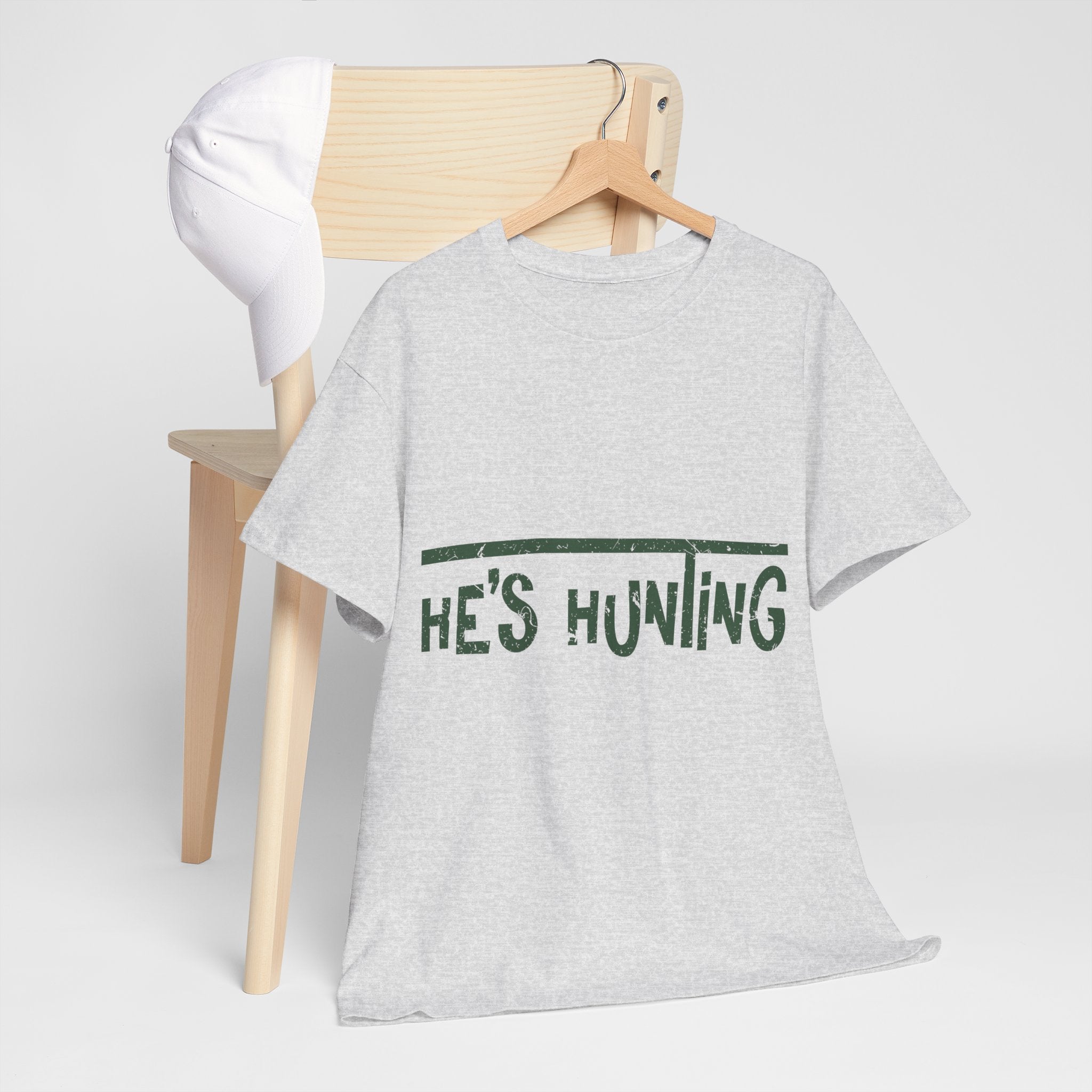 He’s Hunting Distressed Tee — Minimalist Tan Hunting Unisex Cotton Tshirt