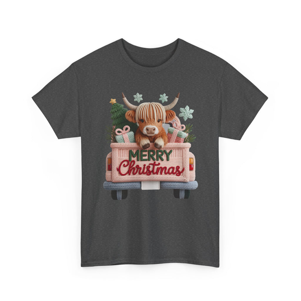 Merry Christmas Highland Cow Knit Truck Unisex Cotton T-Shirt