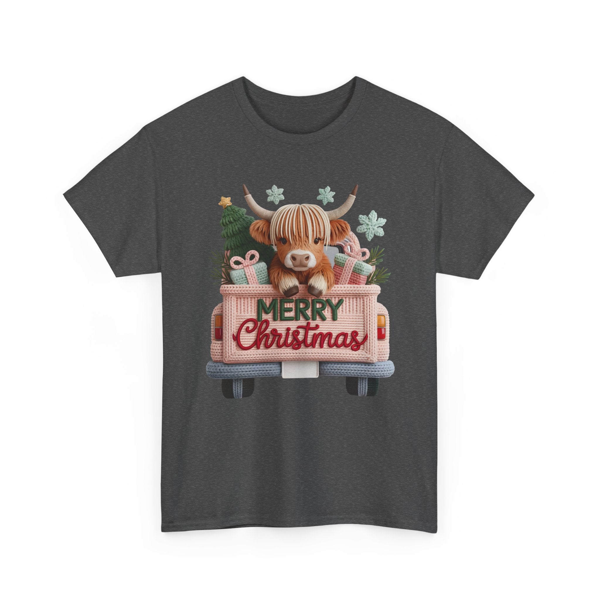 Merry Christmas Highland Cow Knit Truck Unisex Cotton T-Shirt
