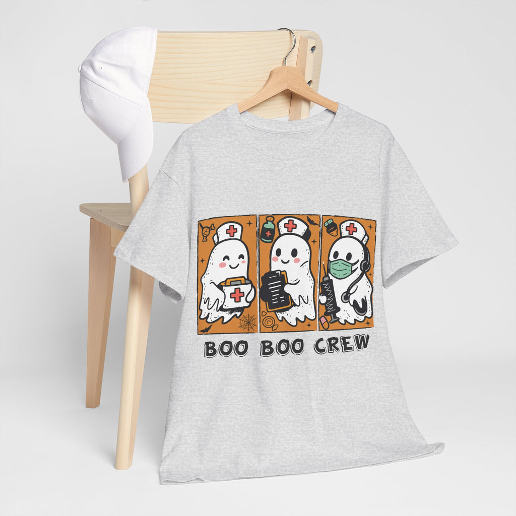 Halloween Nurse T-Shirt — Ghost Nurses Holding Medical Tools on Orange Unisec Cotton Tee