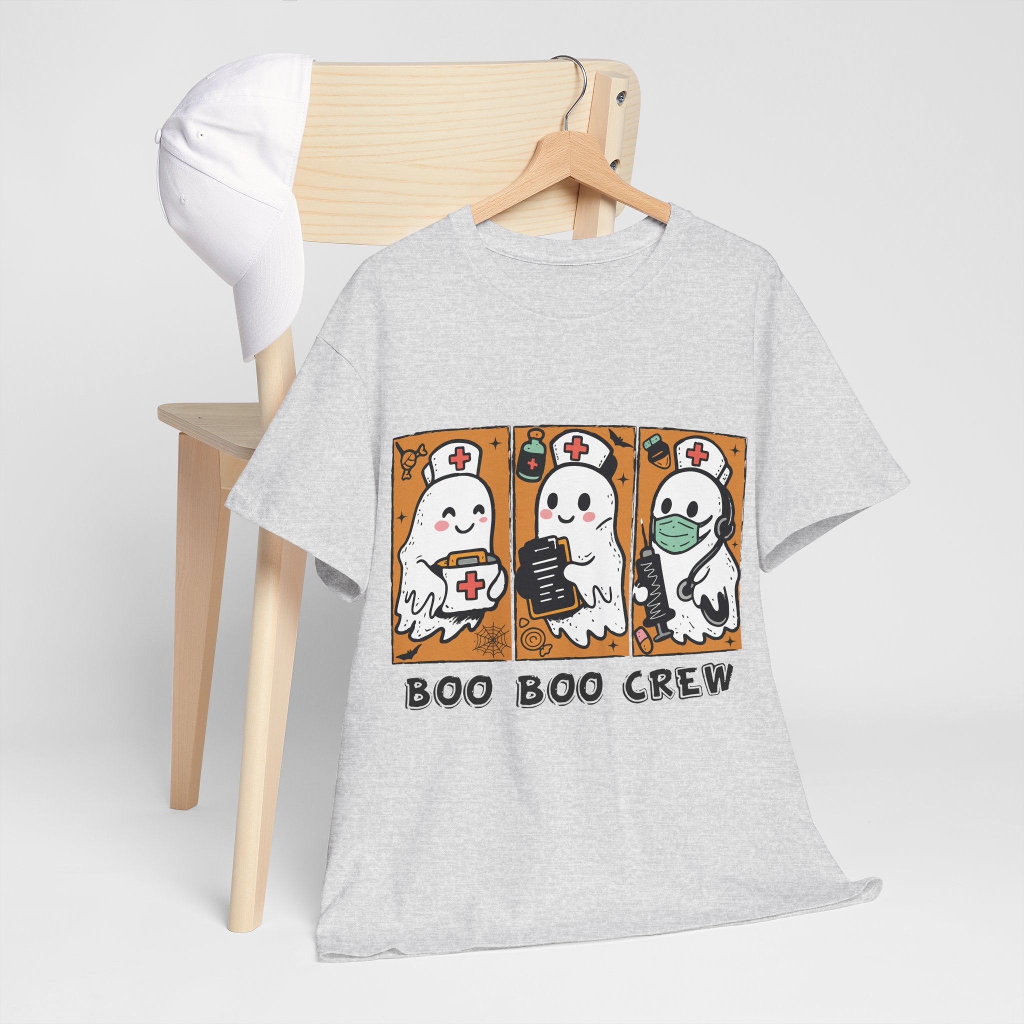 Halloween Nurse T-Shirt — Ghost Nurses Holding Medical Tools on Orange Unisec Cotton Tee
