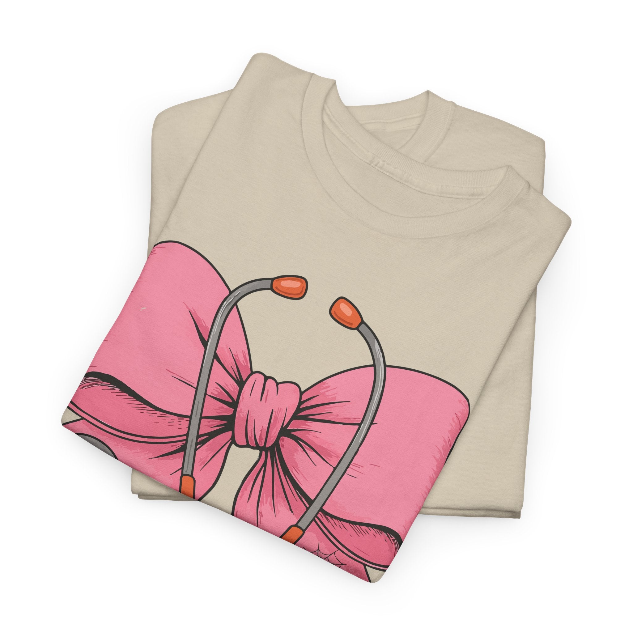 Halloween Nurse T‑Shirt — Pink Nurse Bow with Stethoscope, Syringes & Spider Webs..Unisex Cotton Tee