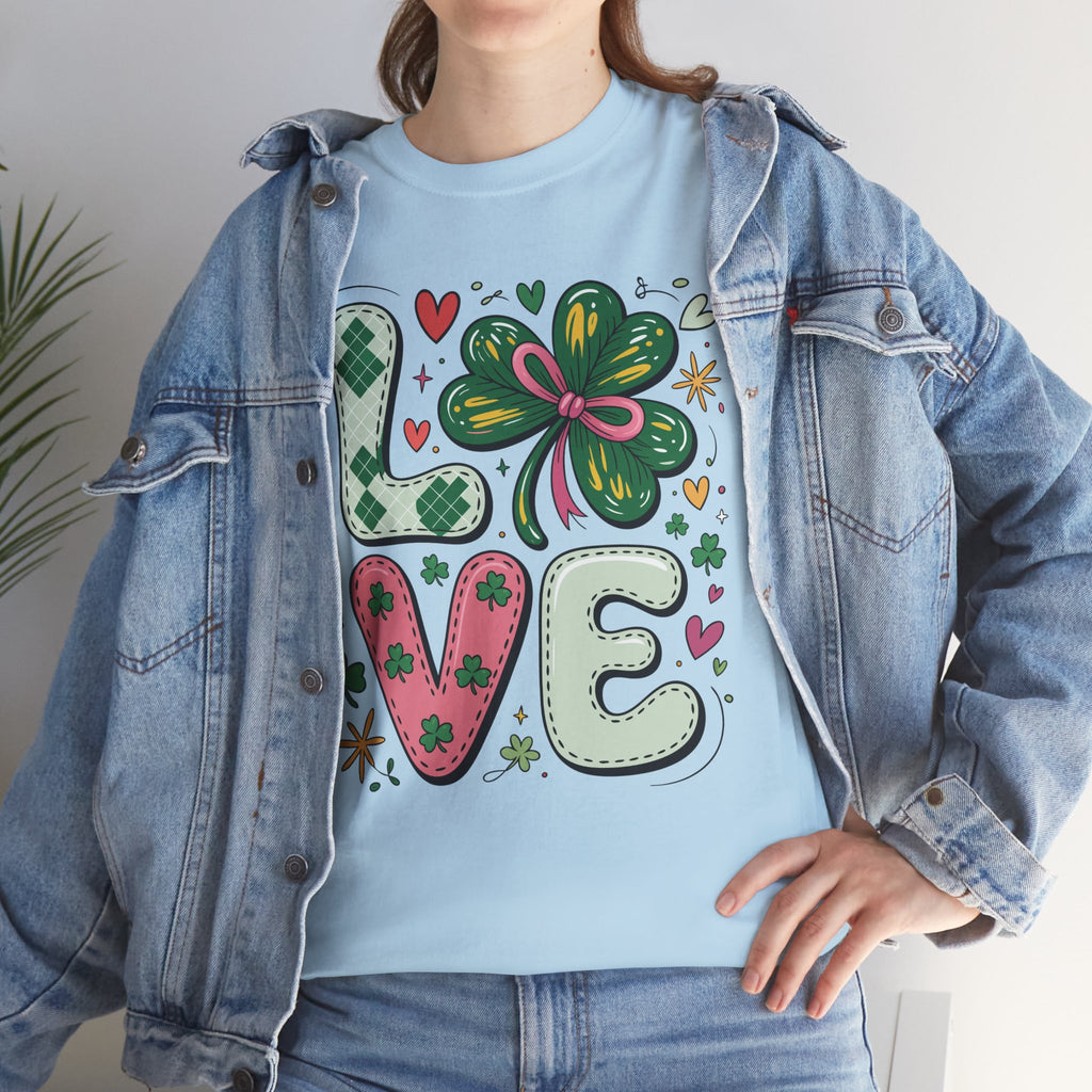 Stitched Clover 'LOVE' Tee — Heart & Patchwork St. Patrick's Unisex Cotton T-Shirt