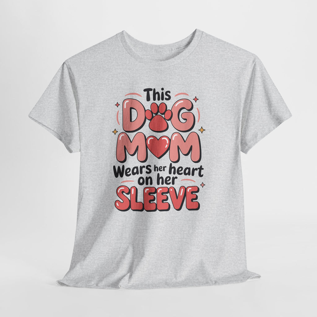Dog Mom T-Shirt — "This Dog Mom Wears Her Heart on Her Sleeve" Paw & Heart Unisex Cotton Tee