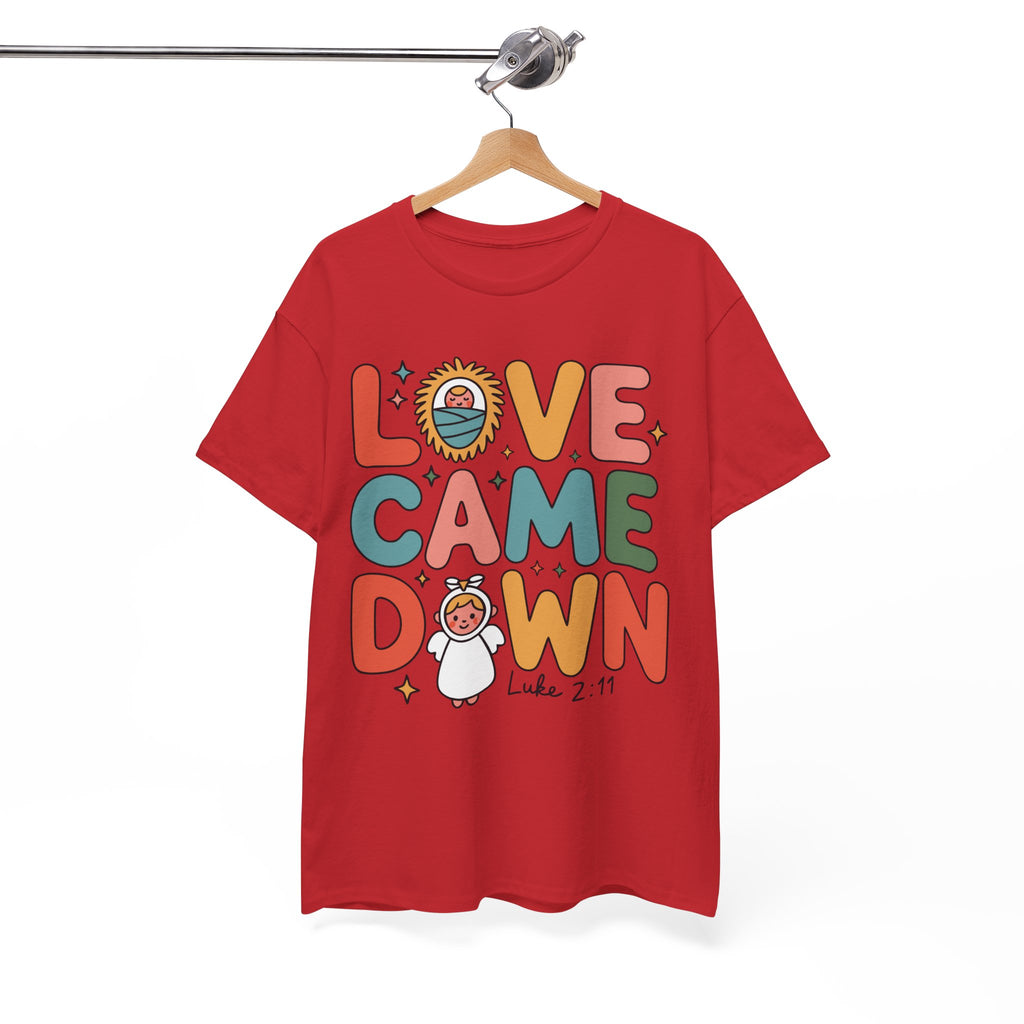 Love Came Down Christmas Tee — Baby Jesus Manger Angel (Luke 2:11)..Unisex Cotton Tee