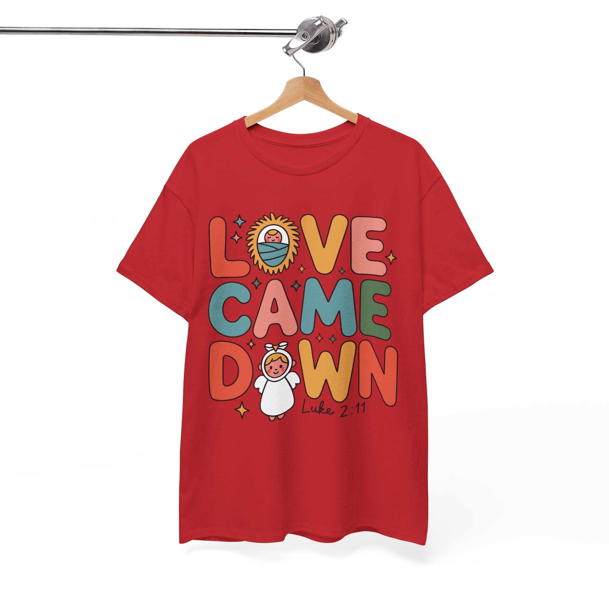 Love Came Down Christmas Tee — Baby Jesus Manger Angel (Luke 2:11)..Unisex Cotton Tee