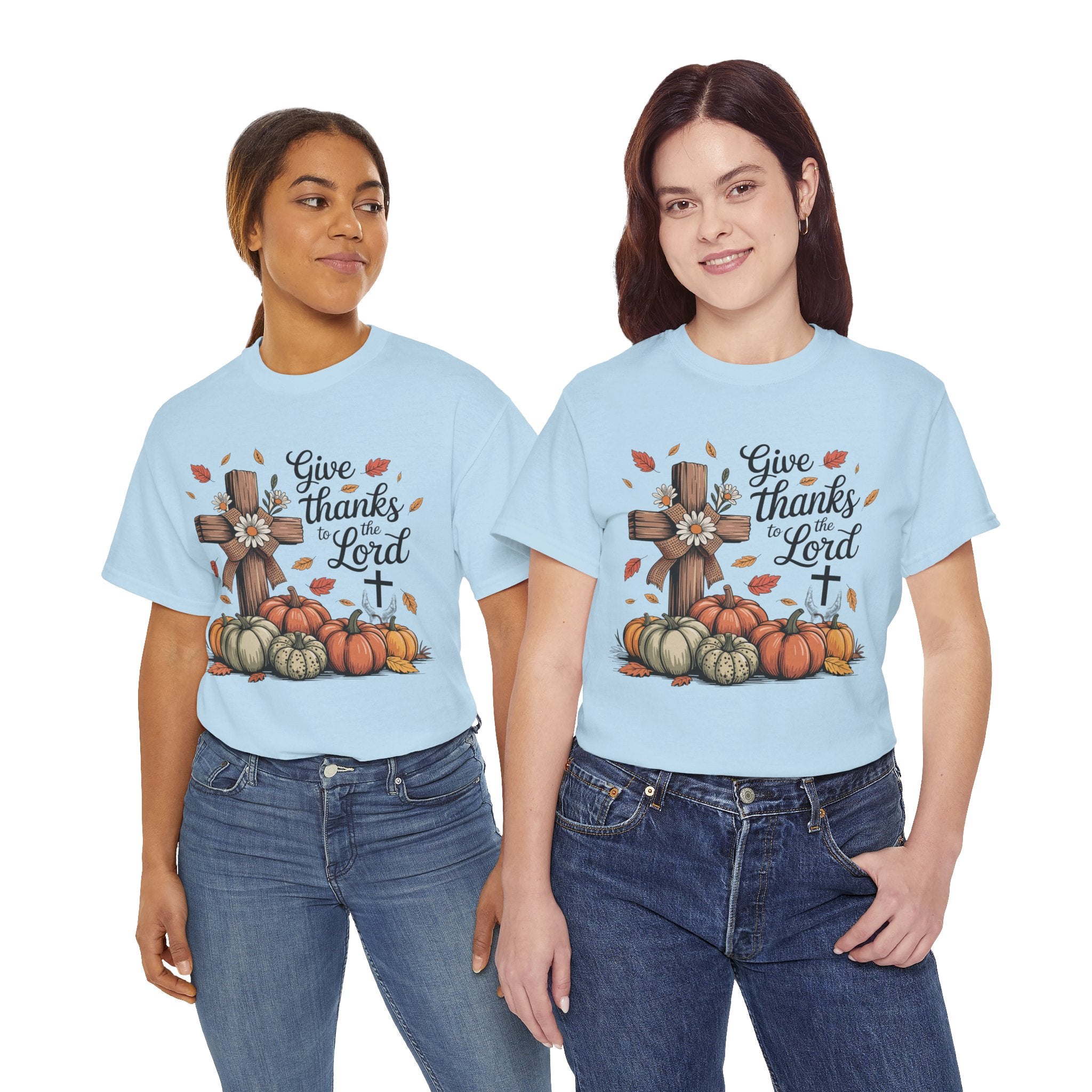 Give Thanks to the Lord Autumn Tee — Wooden Cross, Pumpkins & Daisies..Unisex Cotton Tee