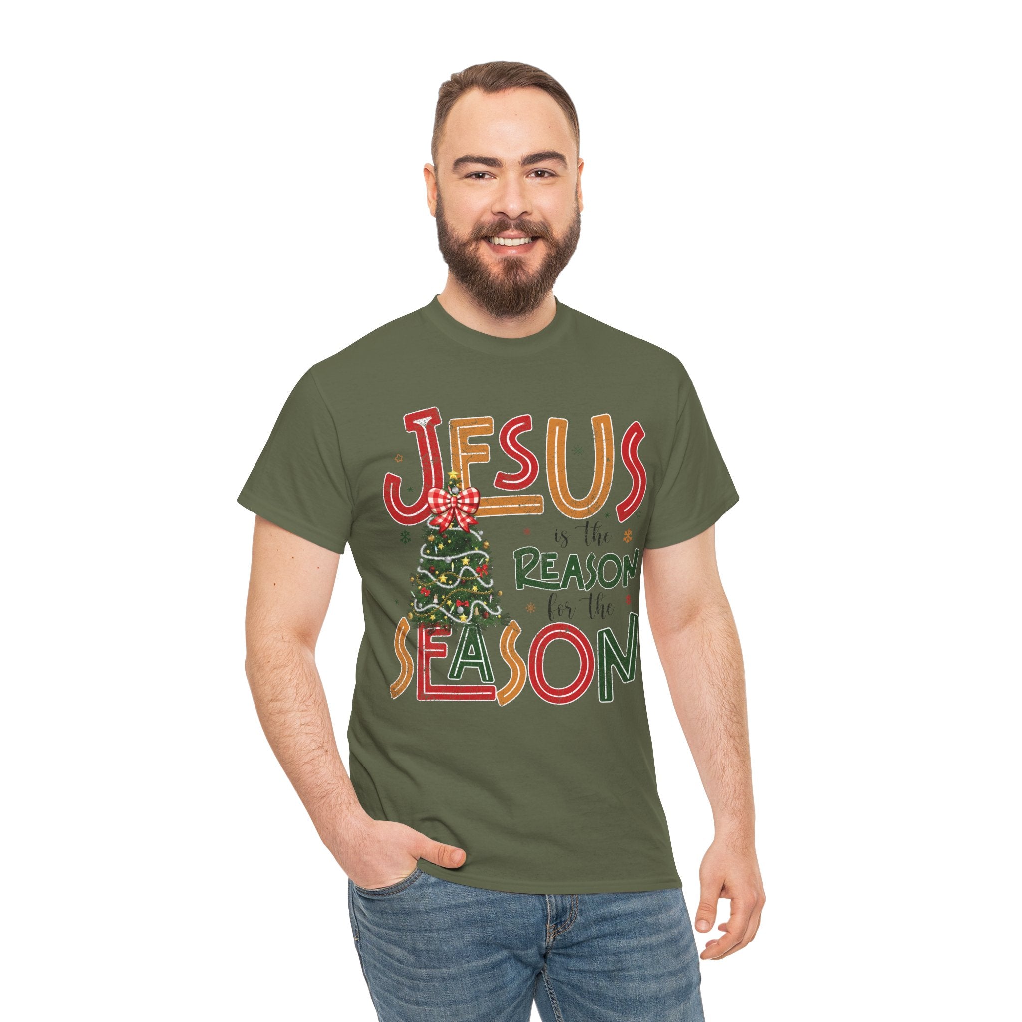 Jesus Is the Reason for the Season Christmas T-Shirt — Plaid Bow Tree..Unisex Cotton Tee