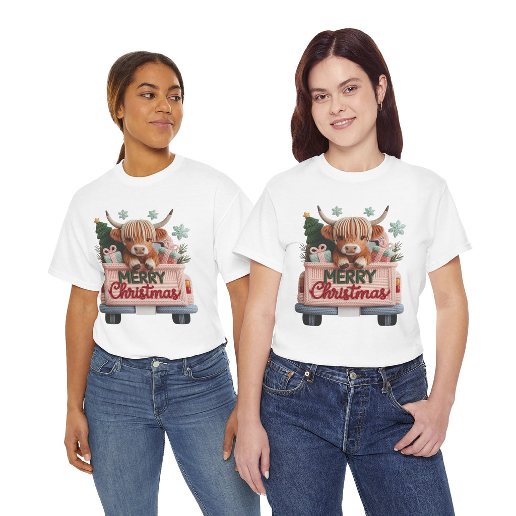 Merry Christmas Highland Cow Knit Truck Unisex Cotton T-Shirt