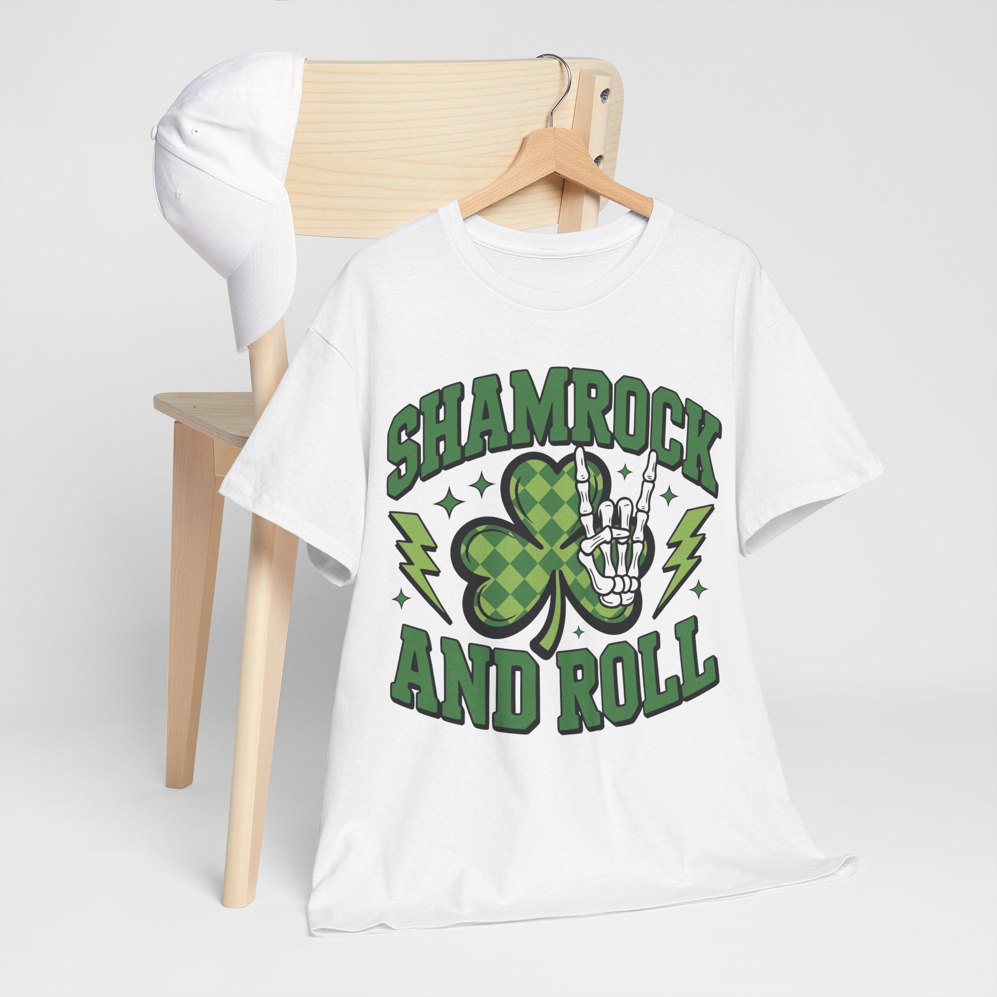 Shamrock and Roll Tee — Skeleton Hand & Lightning St. Patrick’s Rock Unisex Cotton Shirt