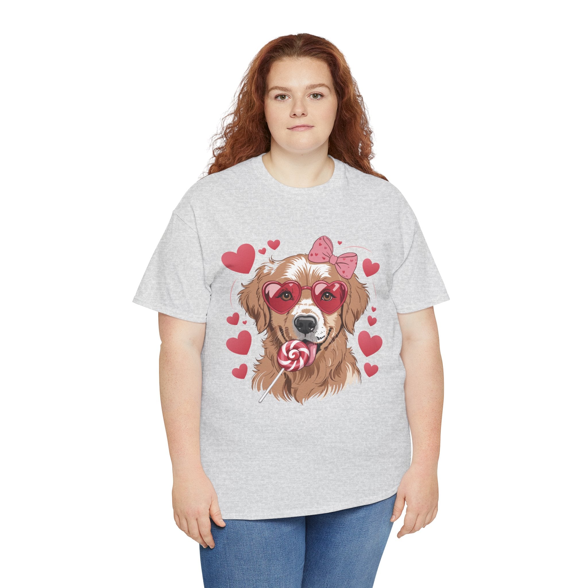 Valentine Dog T-Shirt — Cute Pup with Heart Glasses, Pink Bow & Lollipop..Unisex Cotton Tee