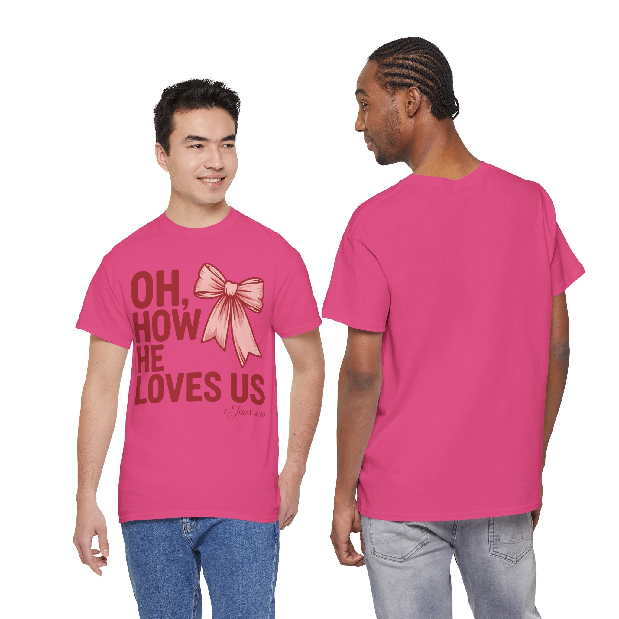 Oh, How He Loves Us Christian Valentine Tee — 1 John 4:10 Red & Pink Unisex Cotton Tee
