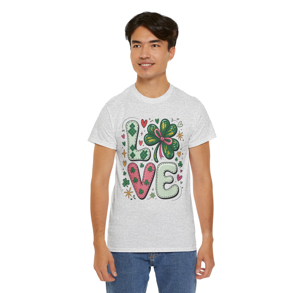 Stitched Clover 'LOVE' Tee — Heart & Patchwork St. Patrick's Unisex Cotton T-Shirt