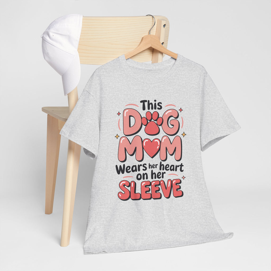 Dog Mom T-Shirt — "This Dog Mom Wears Her Heart on Her Sleeve" Paw & Heart Unisex Cotton Tee