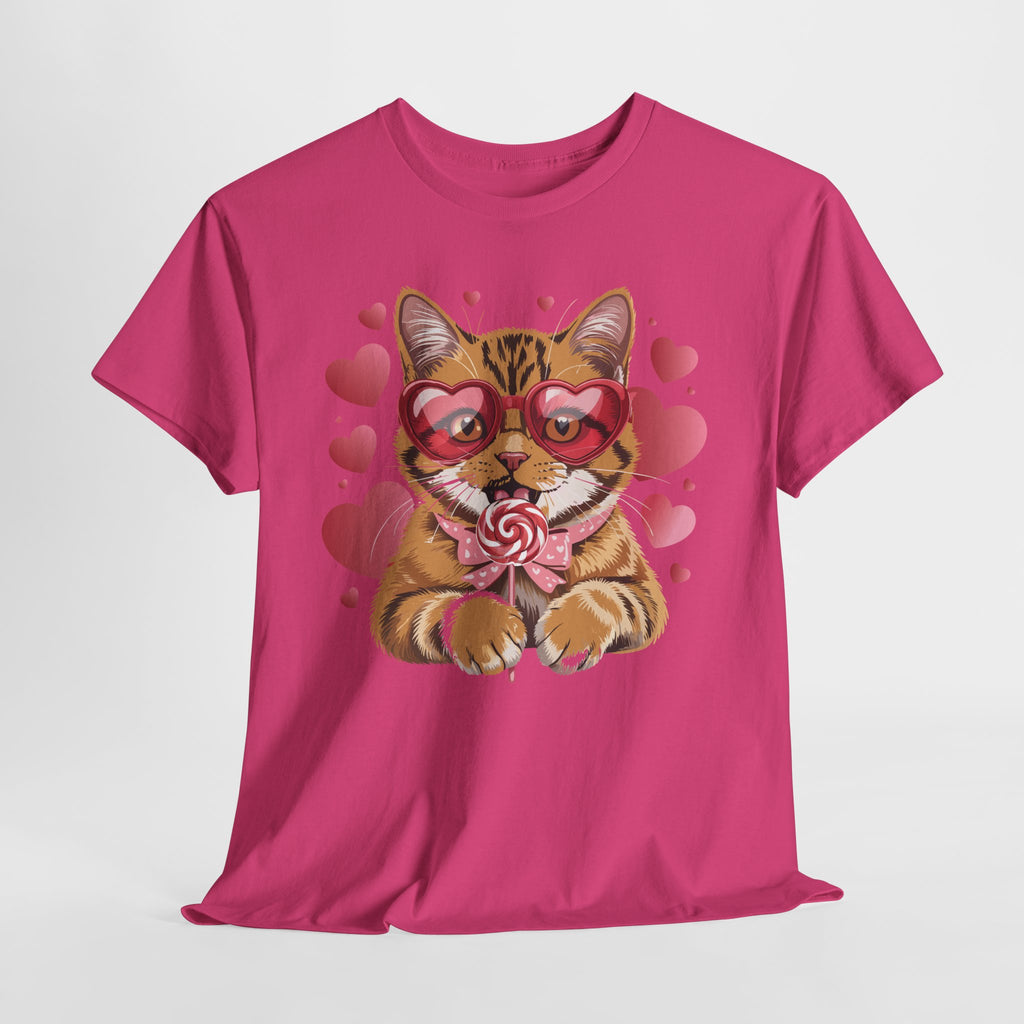 Valentine Cat Tee — Heart Glasses, Lollipop Bow Unisex Cotton Tee