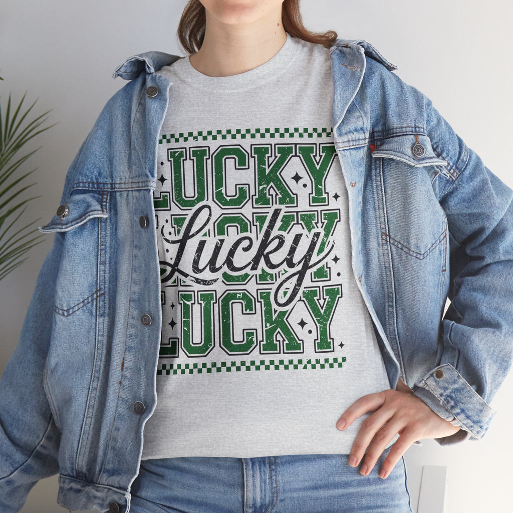 Lucky Varsity Tee — Layered Green ‘Lucky’ Graphic Unisex Cotton Tee