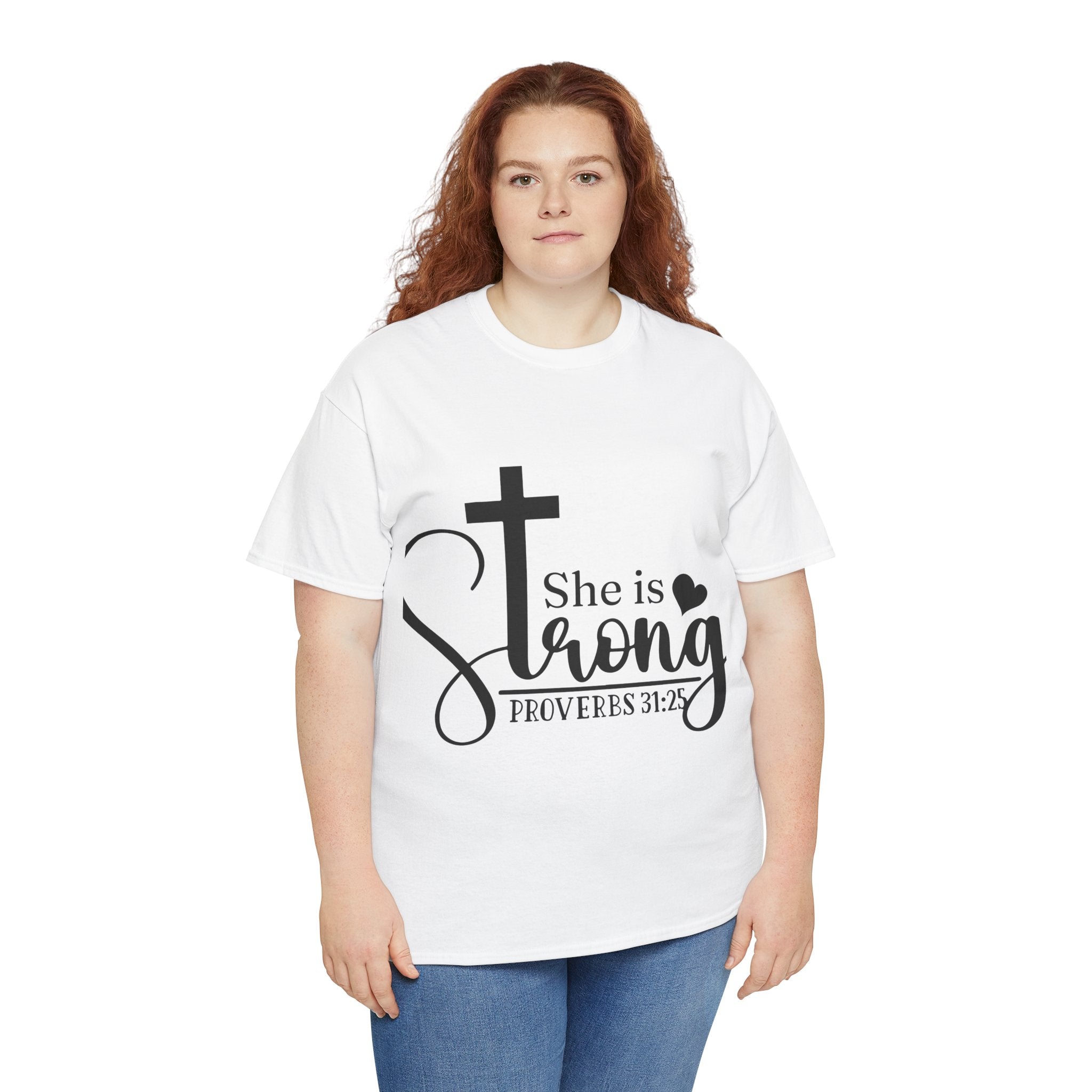 Proverbs 31:25 'She is Strong' T-Shirt – Christian Cross & Heart Unisex Cotton Tee