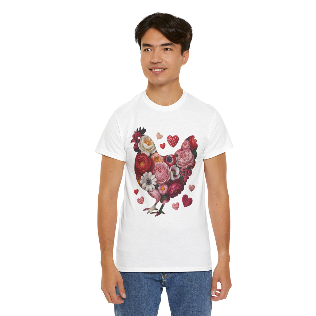 Floral Chicken Heart Tee — Red & Pink Flower Silhouette Unisex Cotton Tee