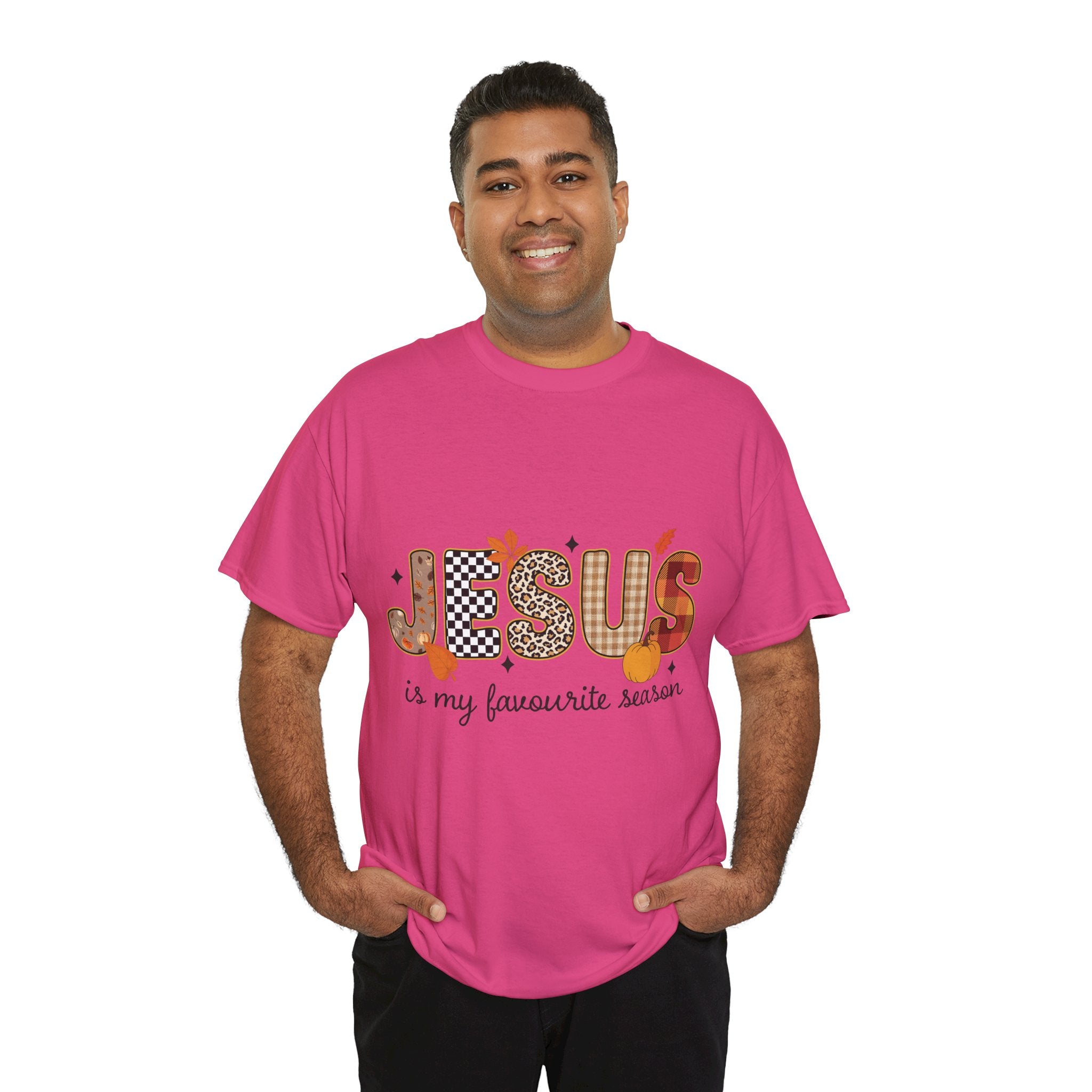 Jesus Is My Favorite Season Tee — Autumn Plaid & Leopard Lettering Unisex Cotton Tee