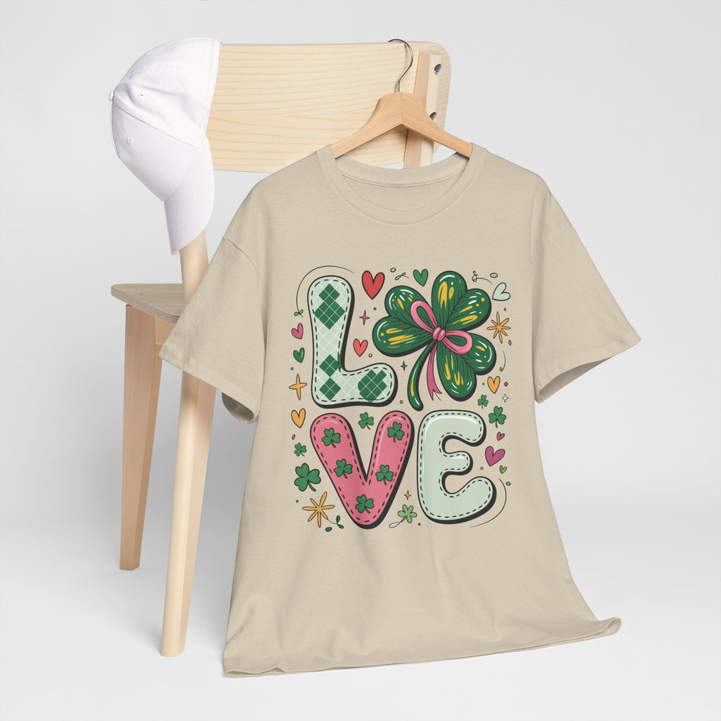 Stitched Clover 'LOVE' Tee — Heart & Patchwork St. Patrick's Unisex Cotton T-Shirt