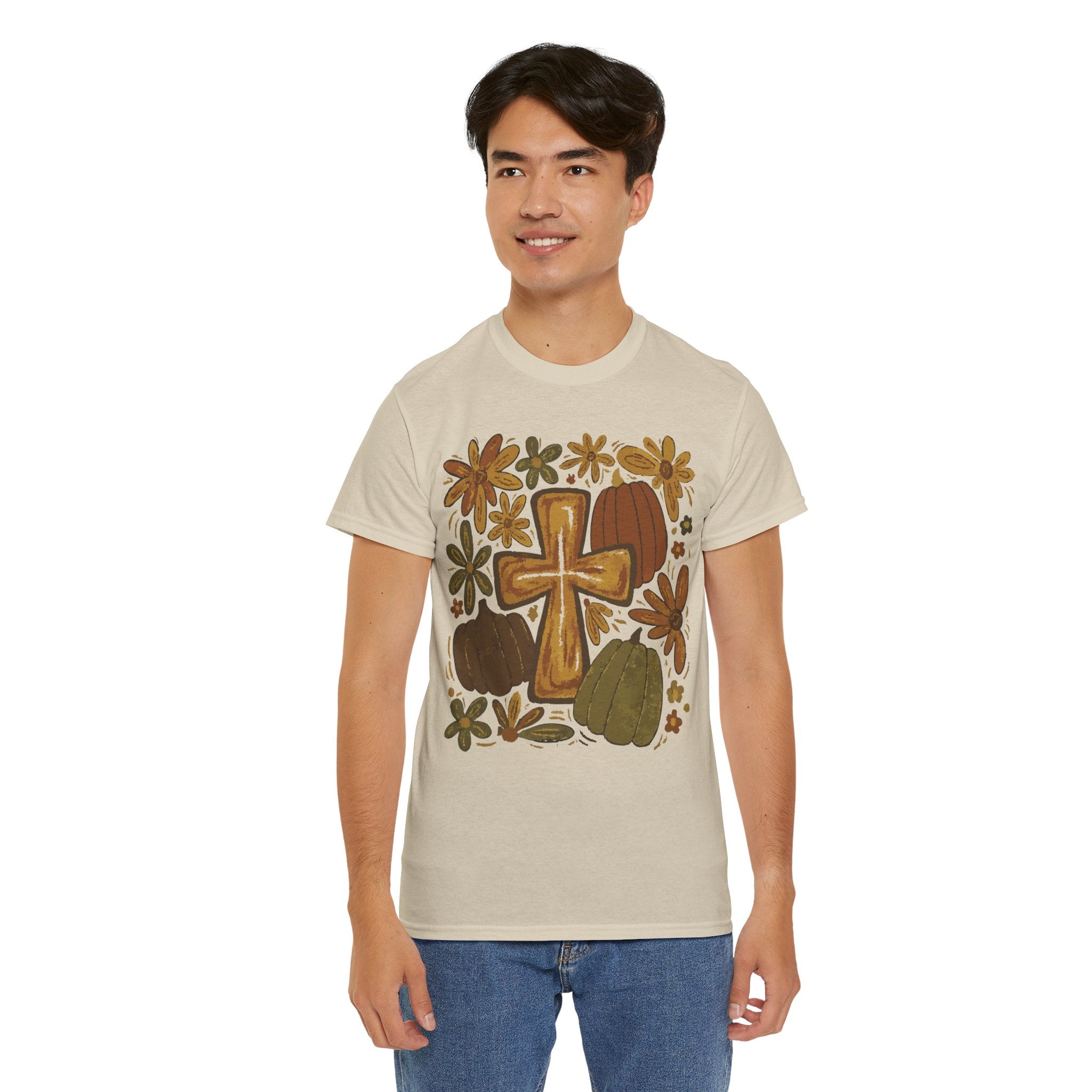 Autumn Cross Tee — Rustic Pumpkin & Fall Floral Christian Unisaex Cotton T-Shirt