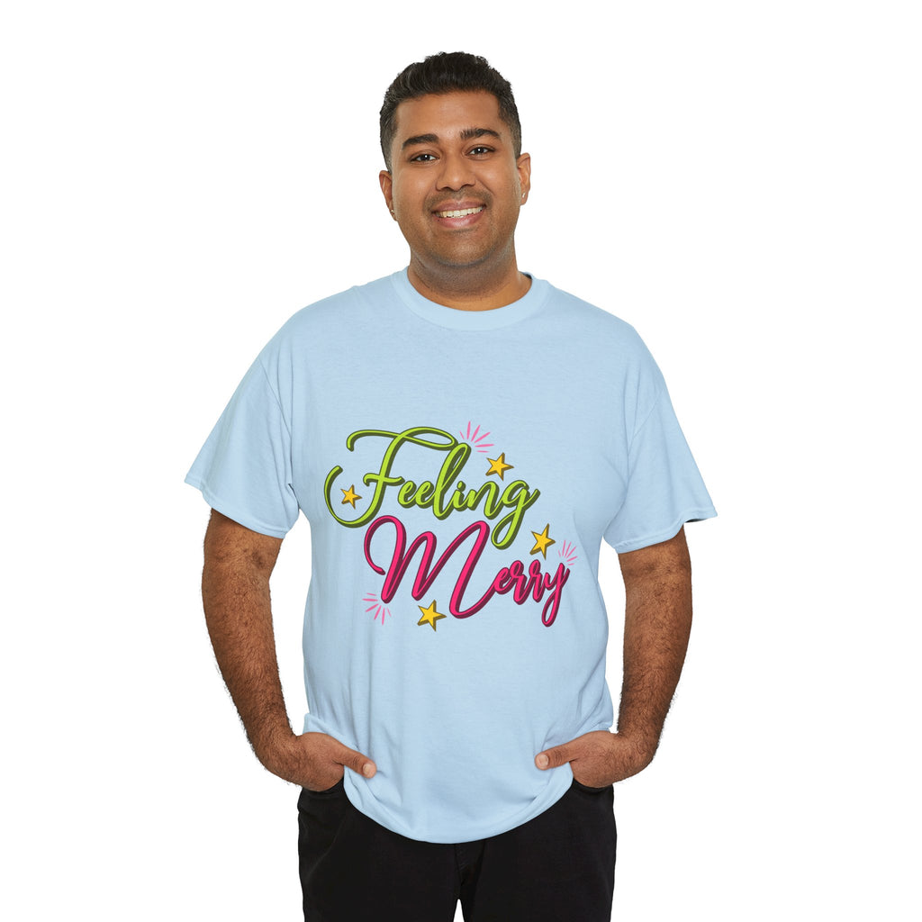 Feeling Merry T-Shirt — Bright Green & Pink Holiday Tee with Stars.Unisex Cotton Tee