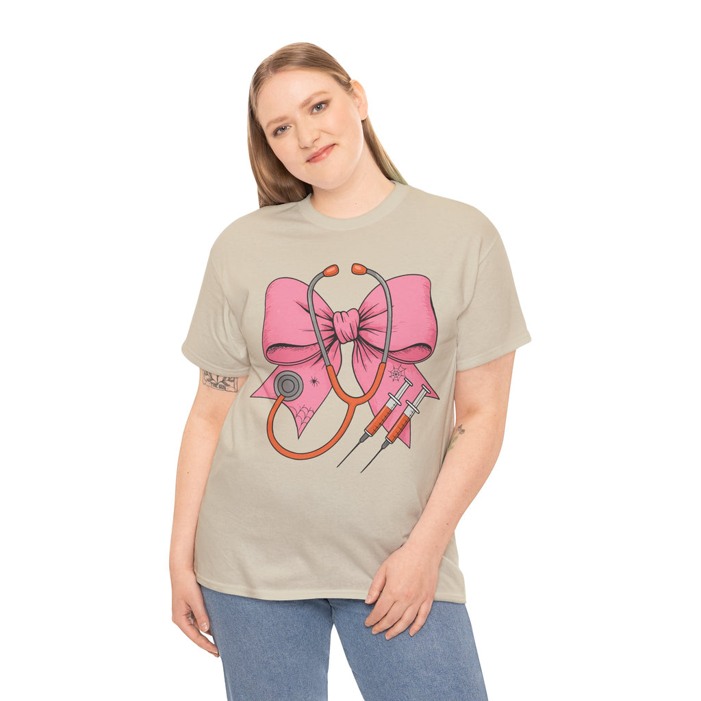 Halloween Nurse T‑Shirt — Pink Nurse Bow with Stethoscope, Syringes & Spider Webs..Unisex Cotton Tee