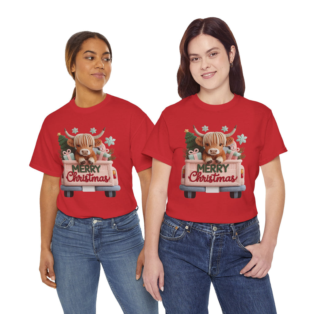 Merry Christmas Highland Cow Knit Truck Unisex Cotton T-Shirt